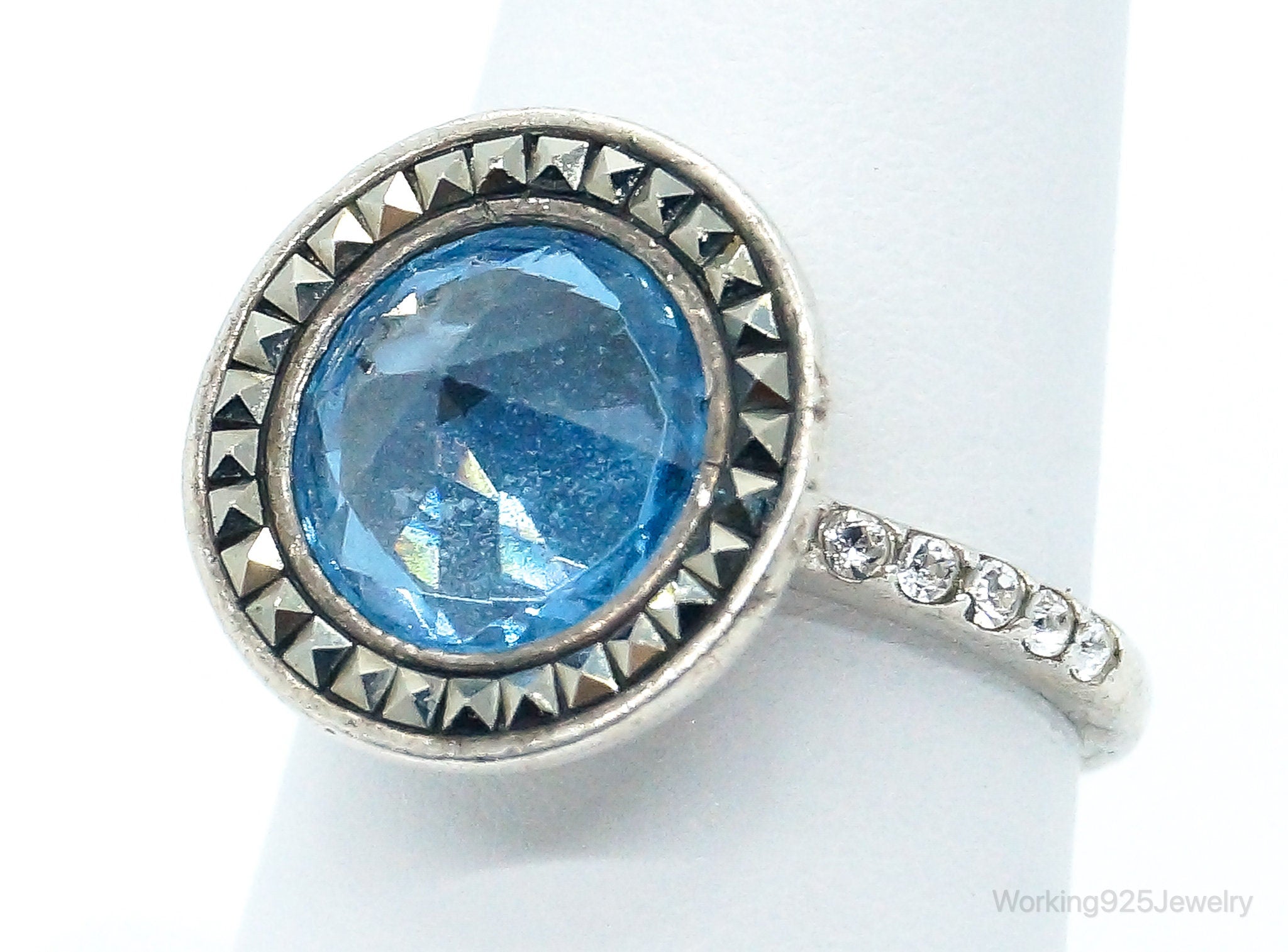 Vintage Blue Topaz Marcasite Cubic Zirconia Sterling Silver Ring Size 7