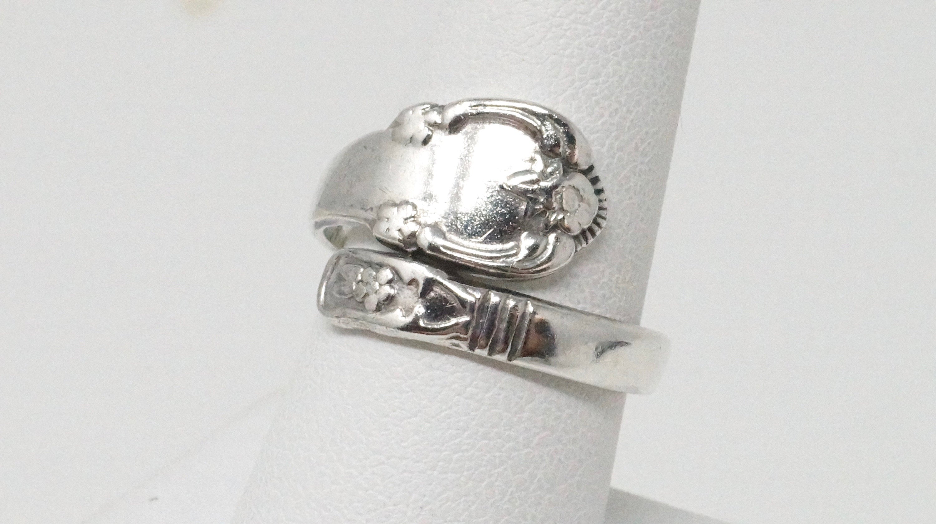 Antique Art Deco Flower Floral Sterling Silver Wrap Spoon Ring - Size 8.5