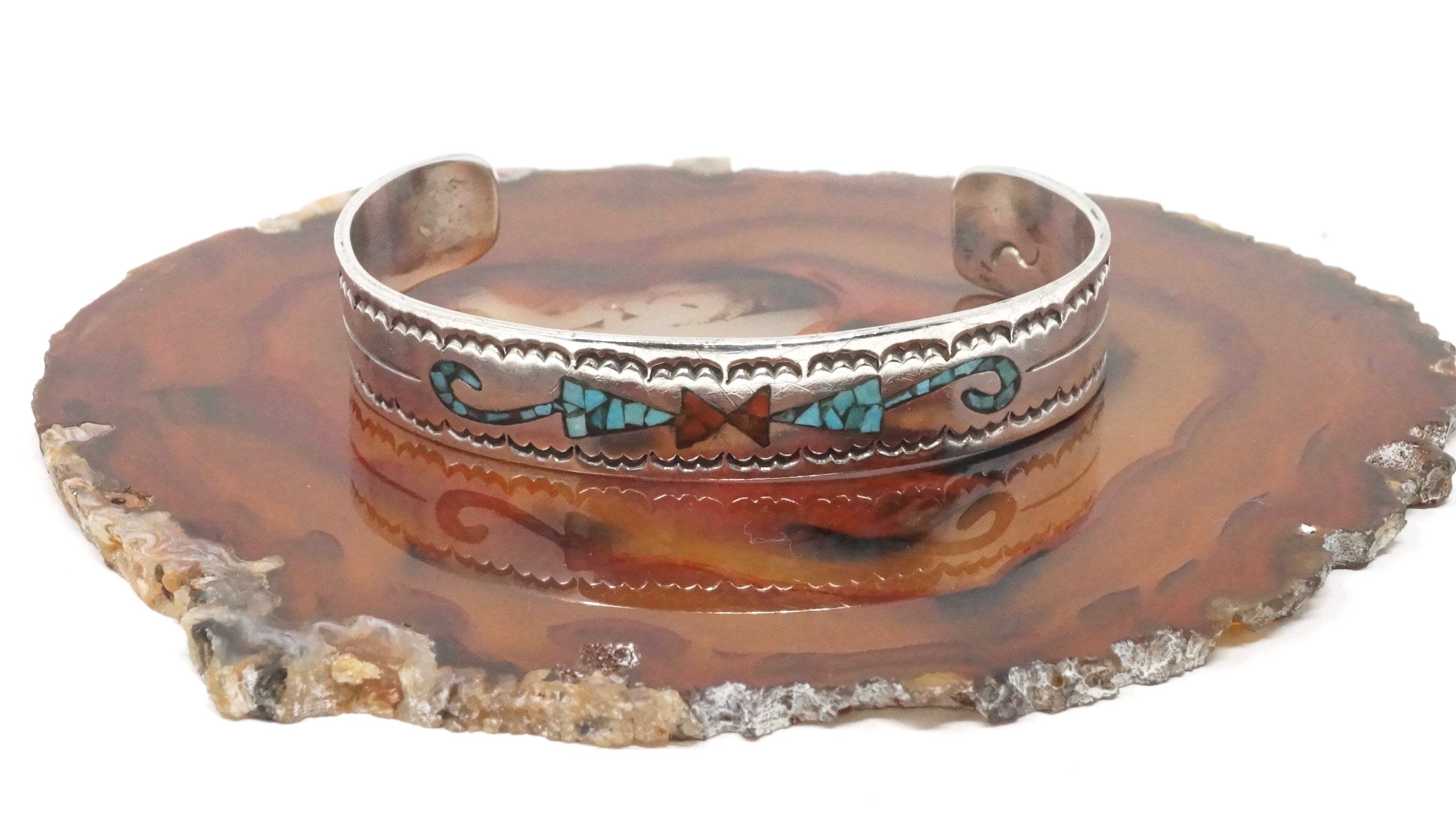 Native American Fred Thompson Turquoise Coral Sterling Silver Cuff Bracelet