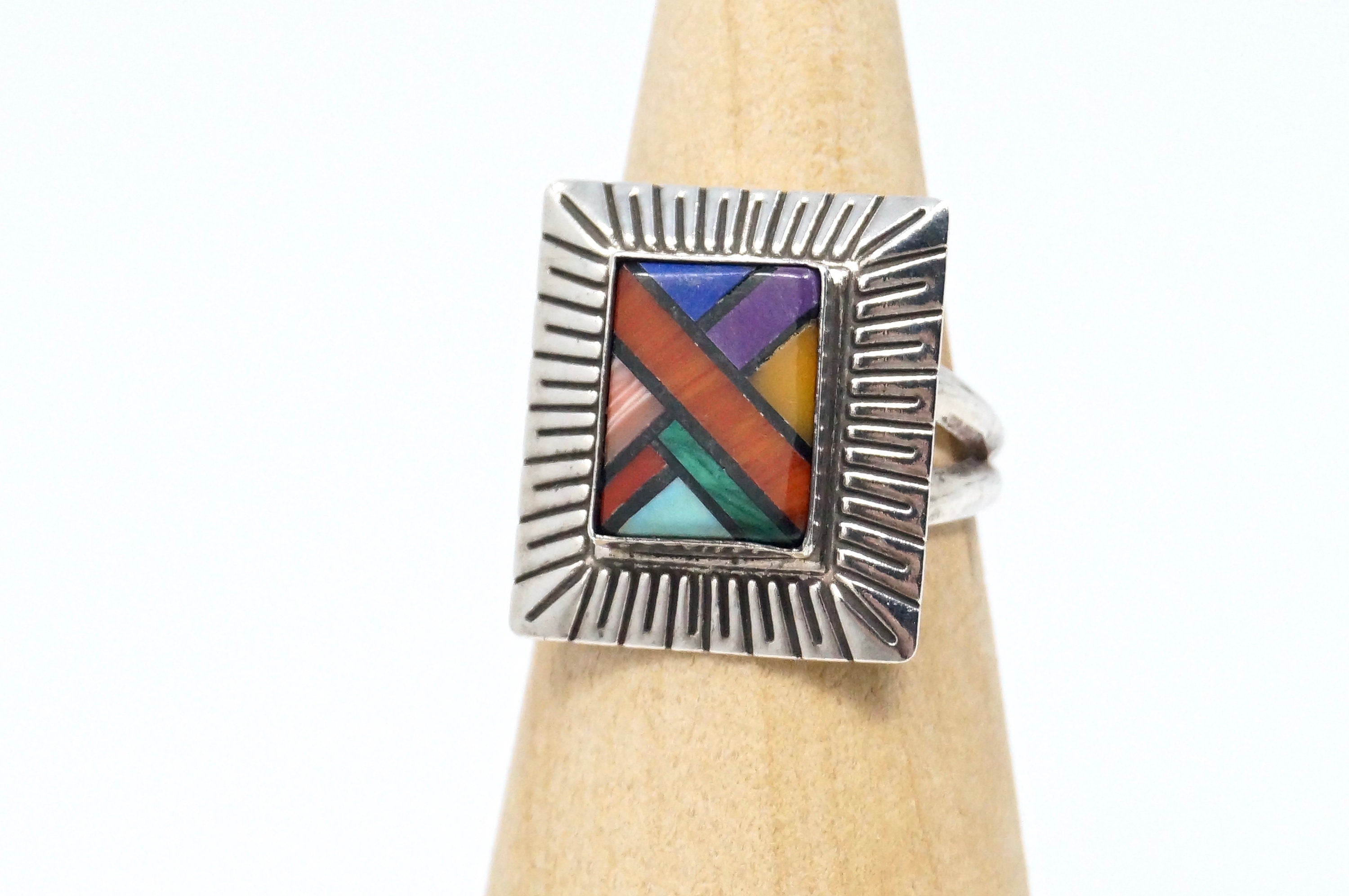 Vintage Designer QT Multi Gem Sterling Southwestern Ring - Size 6