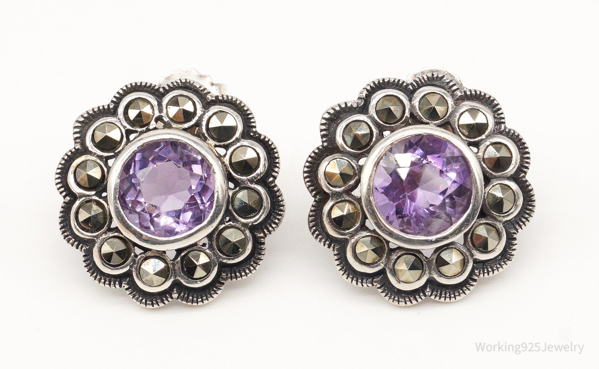 Vintage Amethyst Marcasite Flowers Sterling Silver Earrings