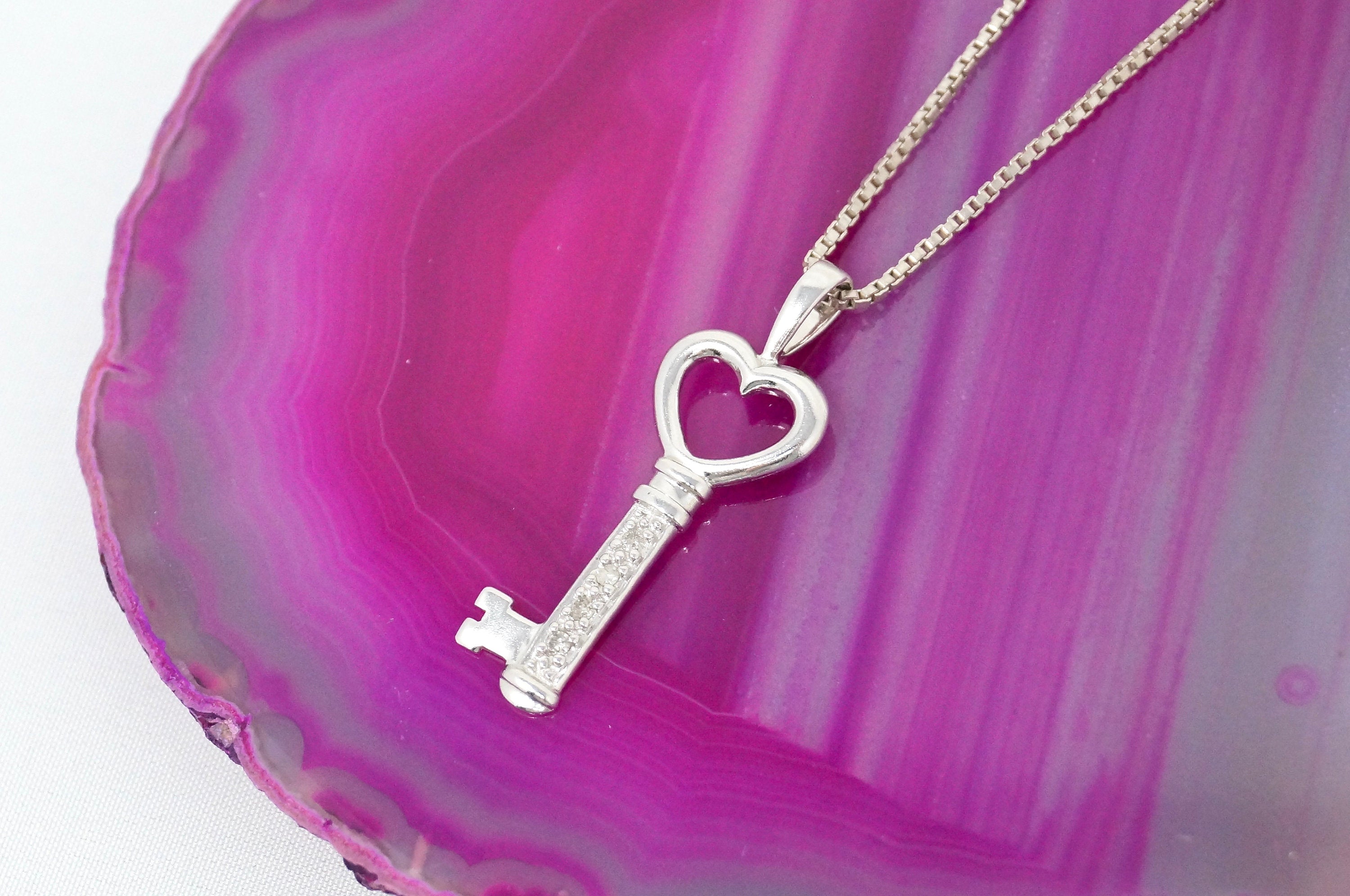 Vintage Diamond Heart Key "Key To My Heart" Sterling Silver Necklace 20"