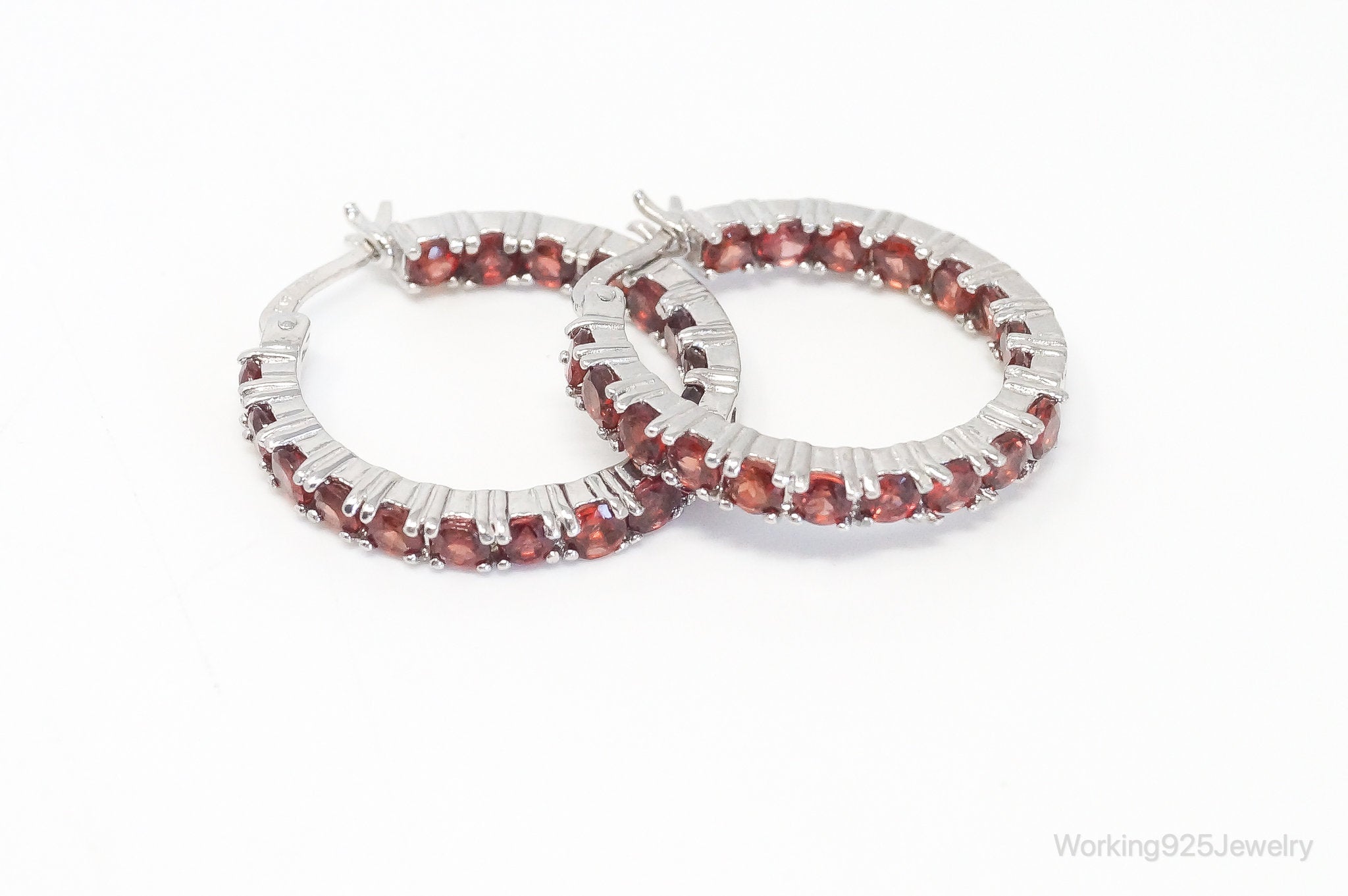 Vintage Garnet Sterling Silver Hoop Earrings