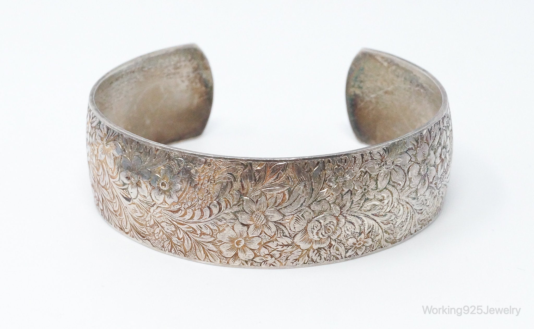 Antique Hayward Art Nouveau Etched Floral Sterling Silver Cuff Bracelet