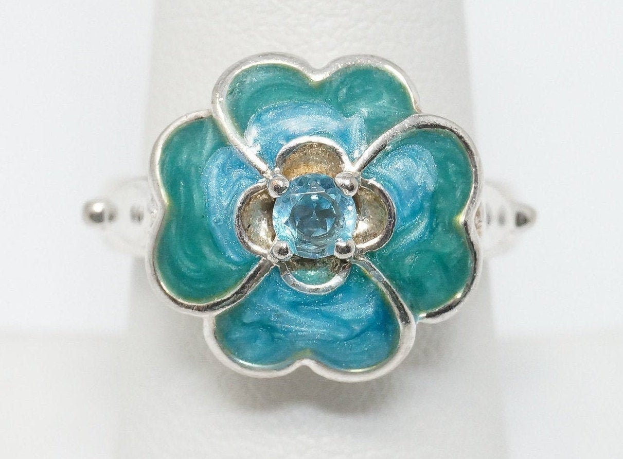 Vintage Blue CZ Blue Enamel Flower Southwestern Sterling Silver Ring - Size 8