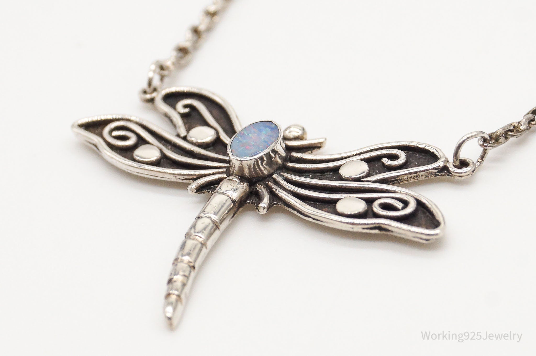 Vintage Designer Sue B Opal Dragonfly Sterling Silver Necklace