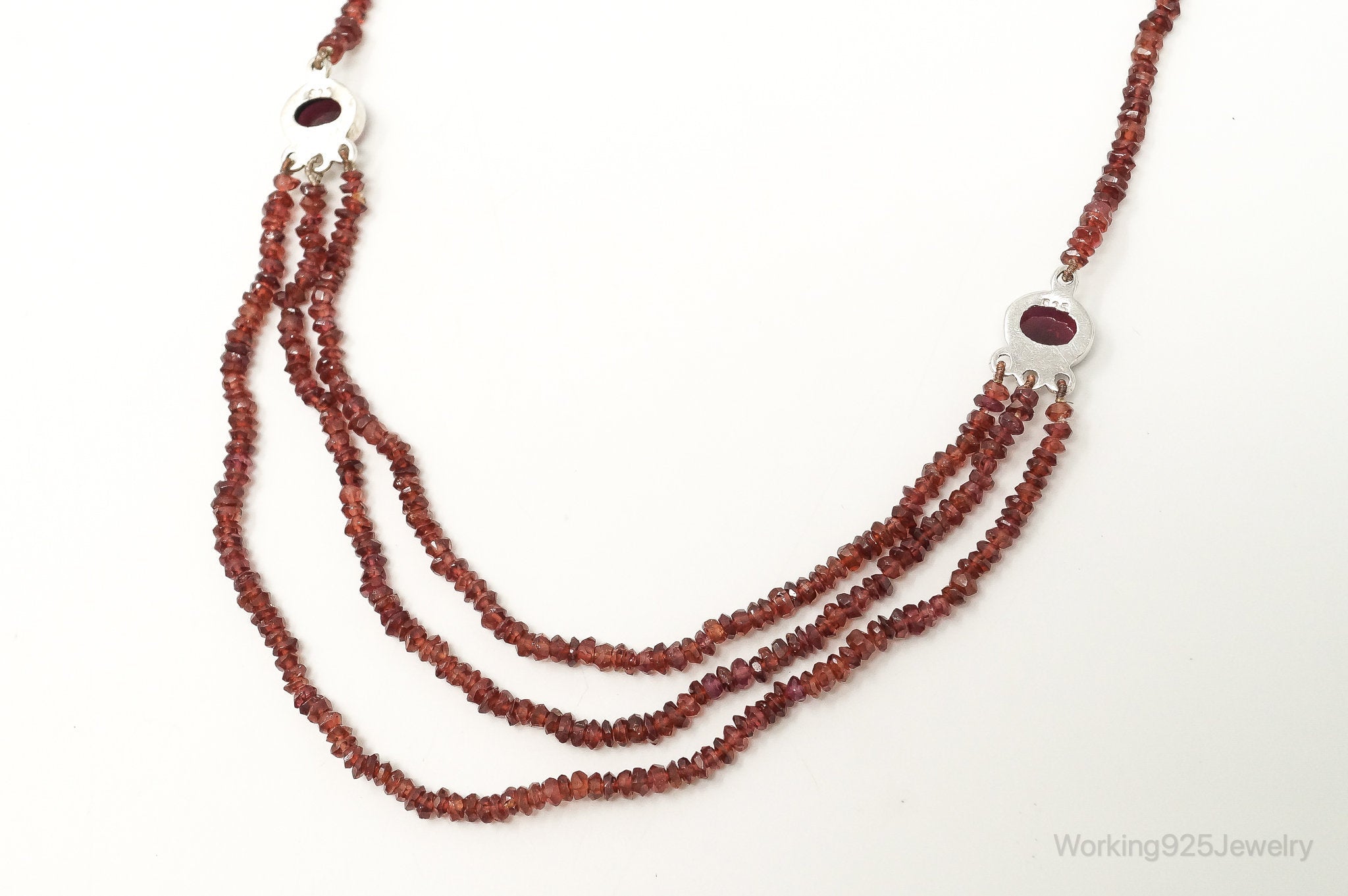 Vintage Garnet Bali Style Bead Strand Sterling Silver Necklace