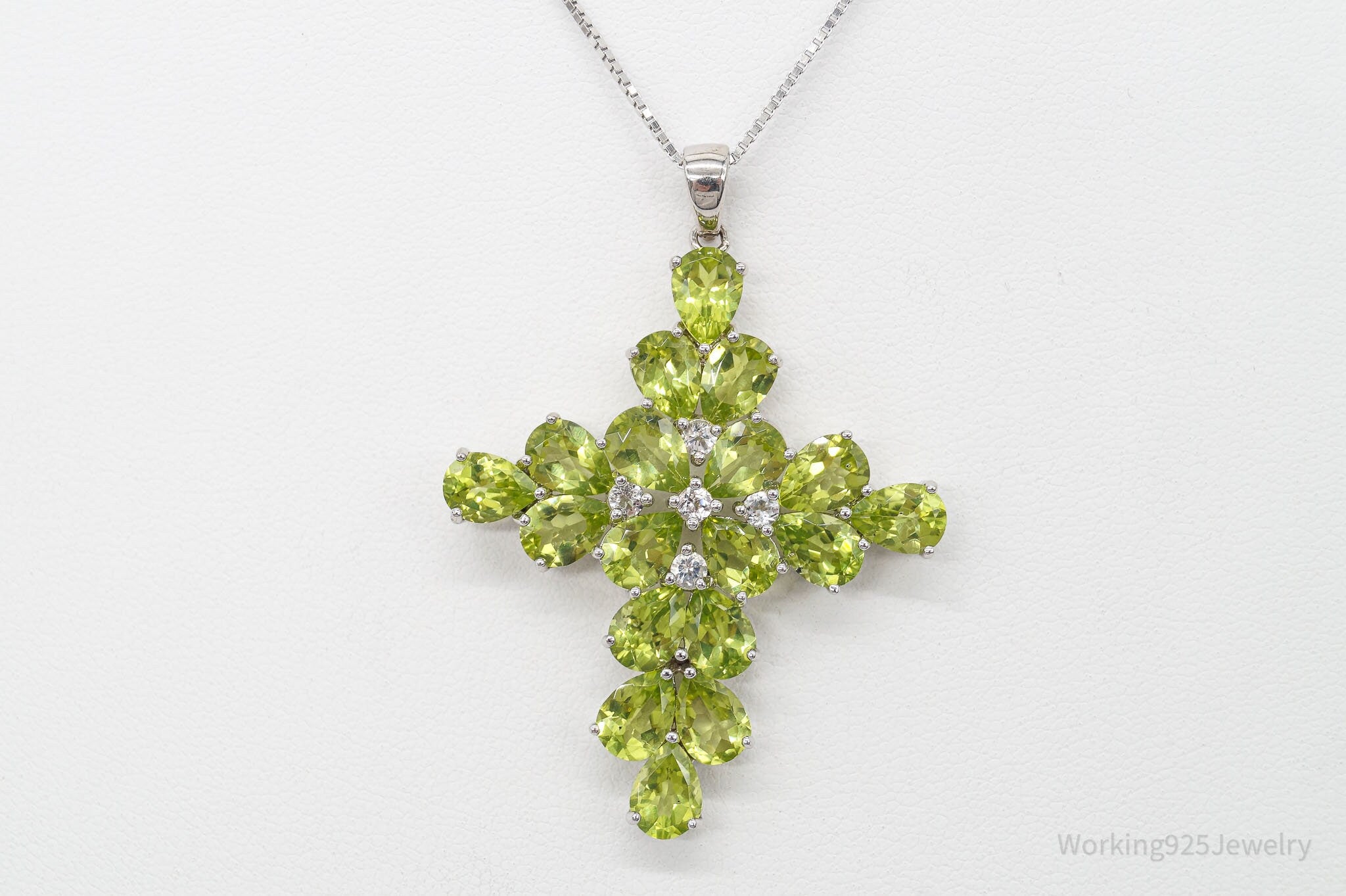 Designer Peridot White Topaz Rhodium Sterling Silver Cross Necklace