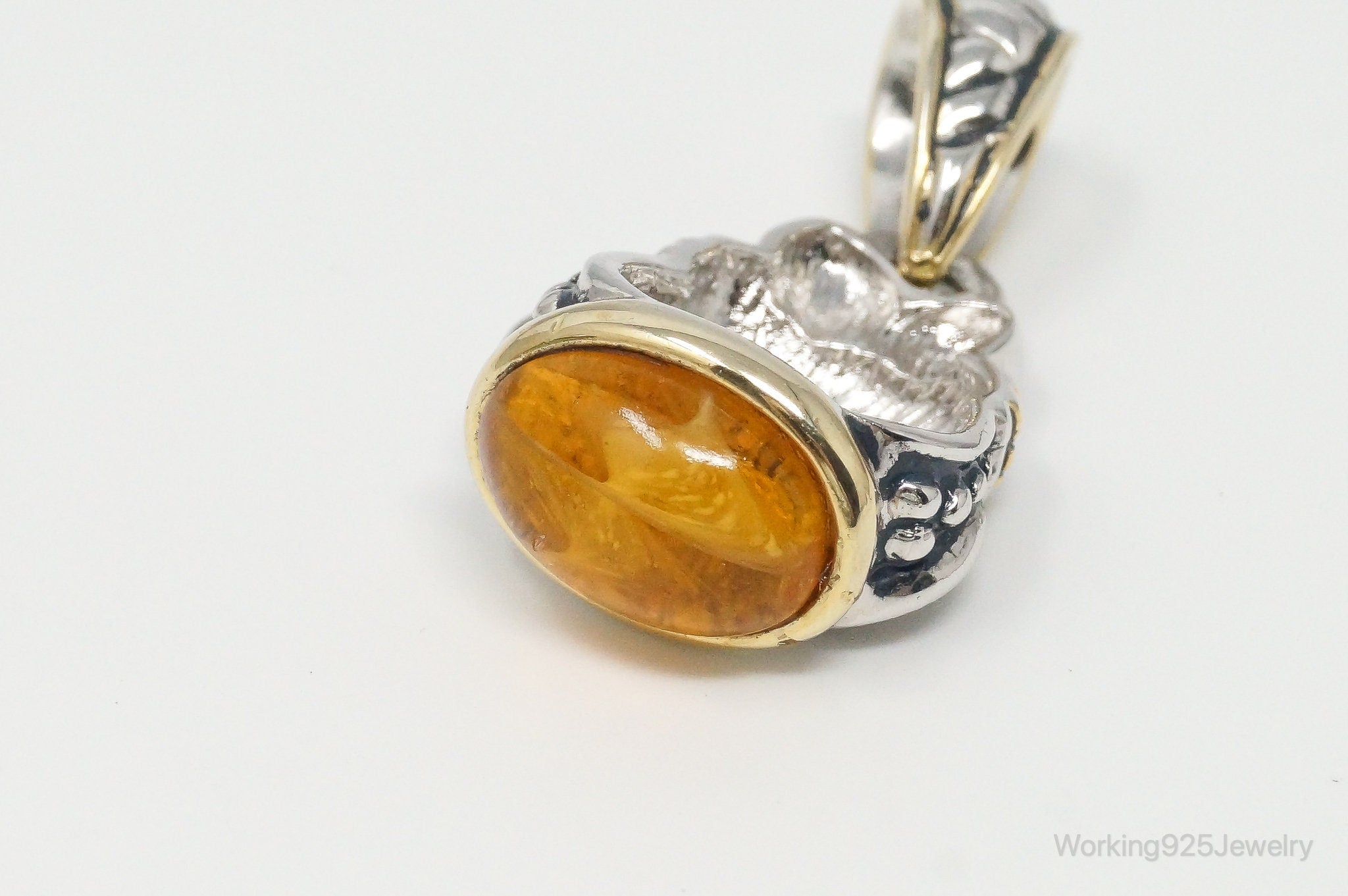 Large Vintage Amber Gold Vermeil Sterling Silver Necklace Pendant