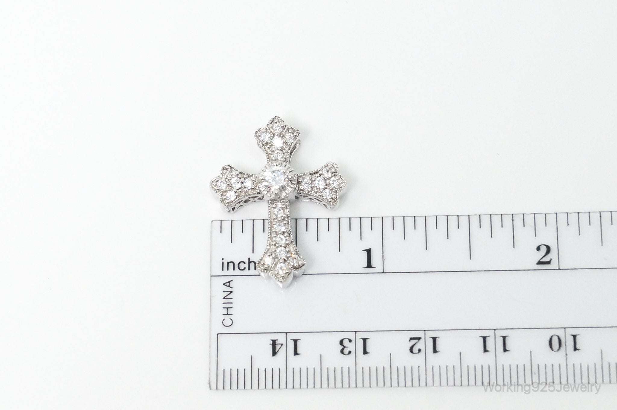 Vintage Designer MEDA Cubic Zirconia Cross Sterling Silver Necklace Pendant