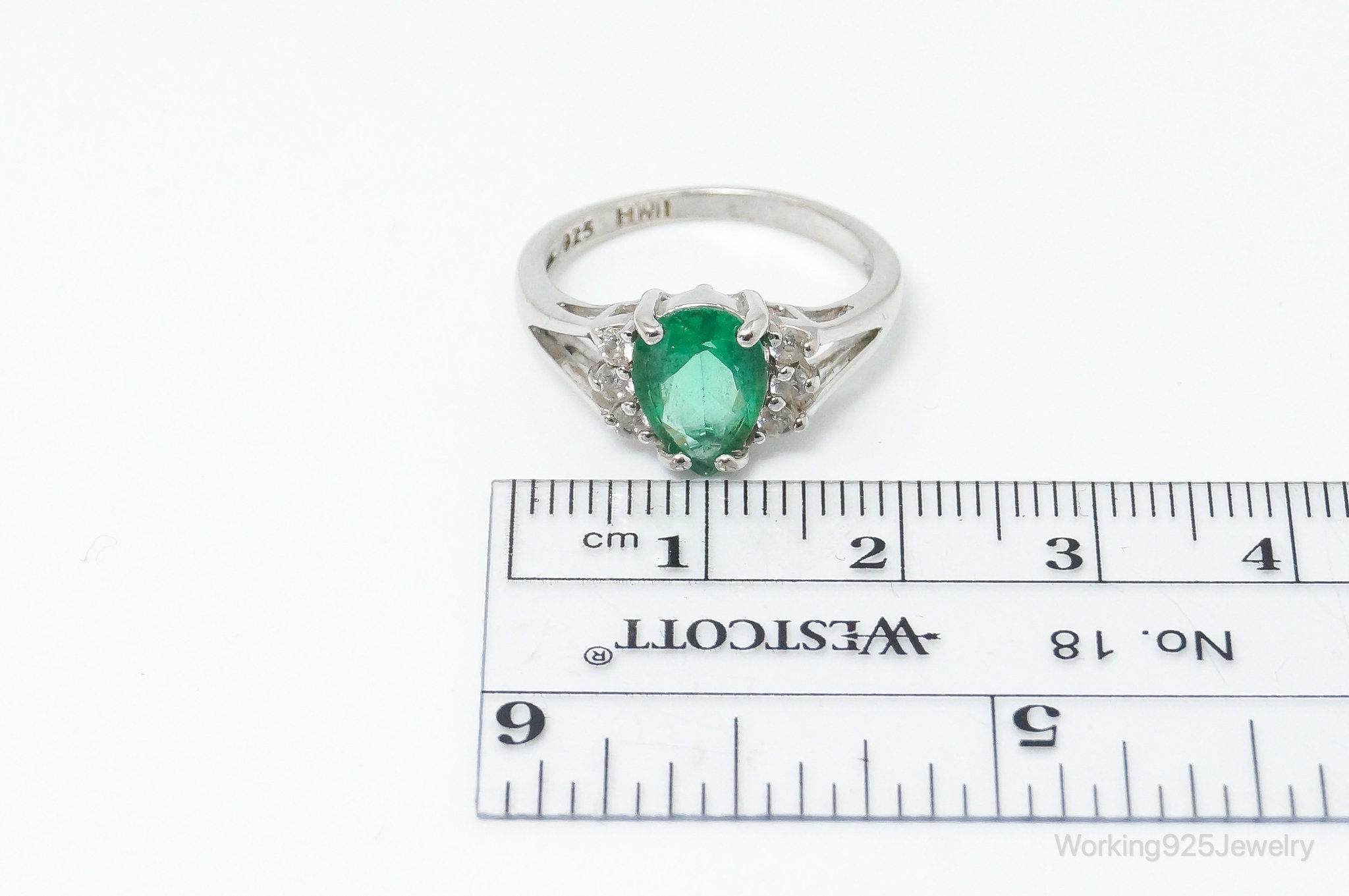 Vintage Lab Emerald CZ Accented Sterling Silver Ring SZ 7