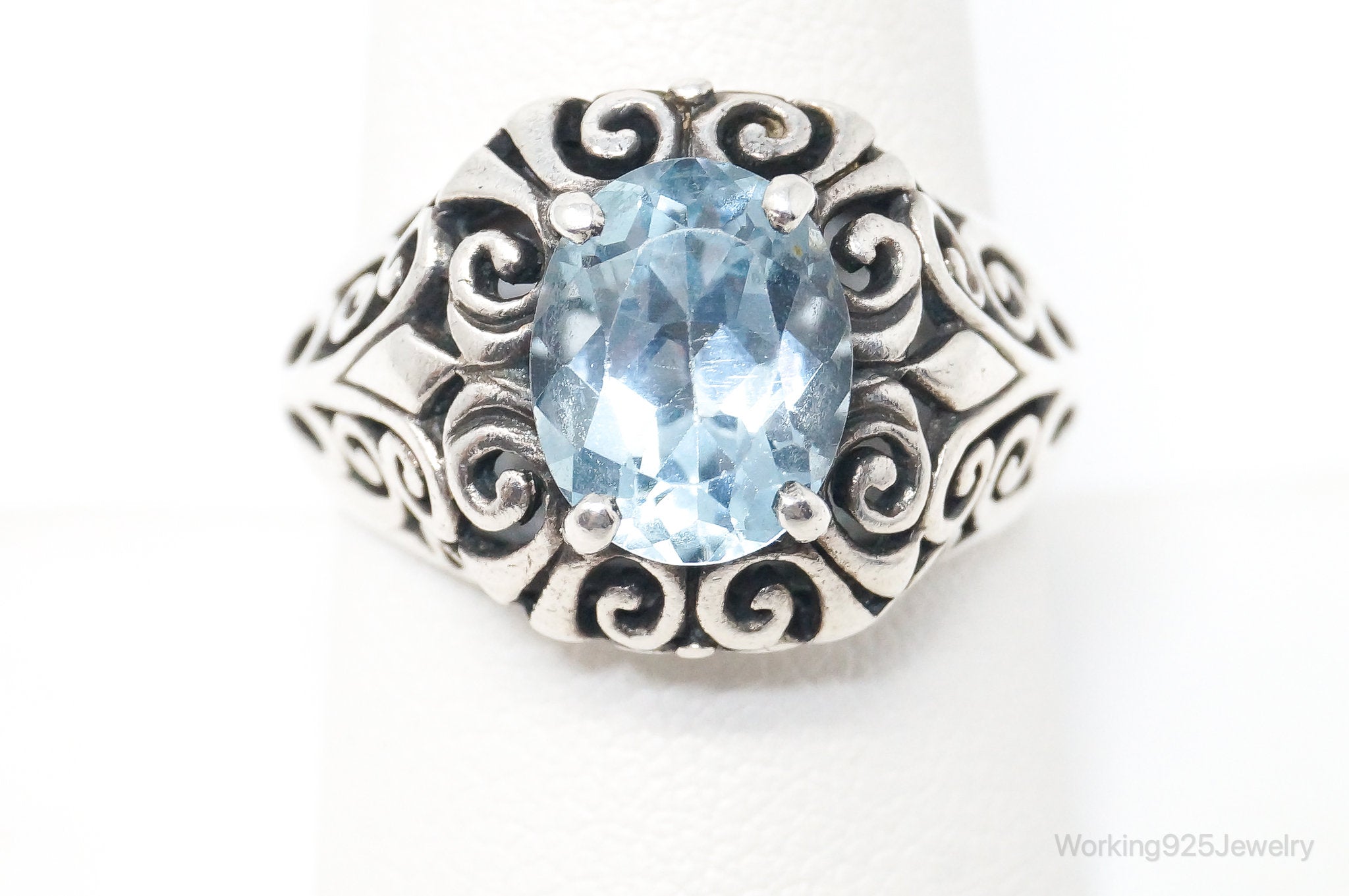 Vintage Designer PD Blue Topaz Art Deco Sterling Silver Ring - Size 8.75