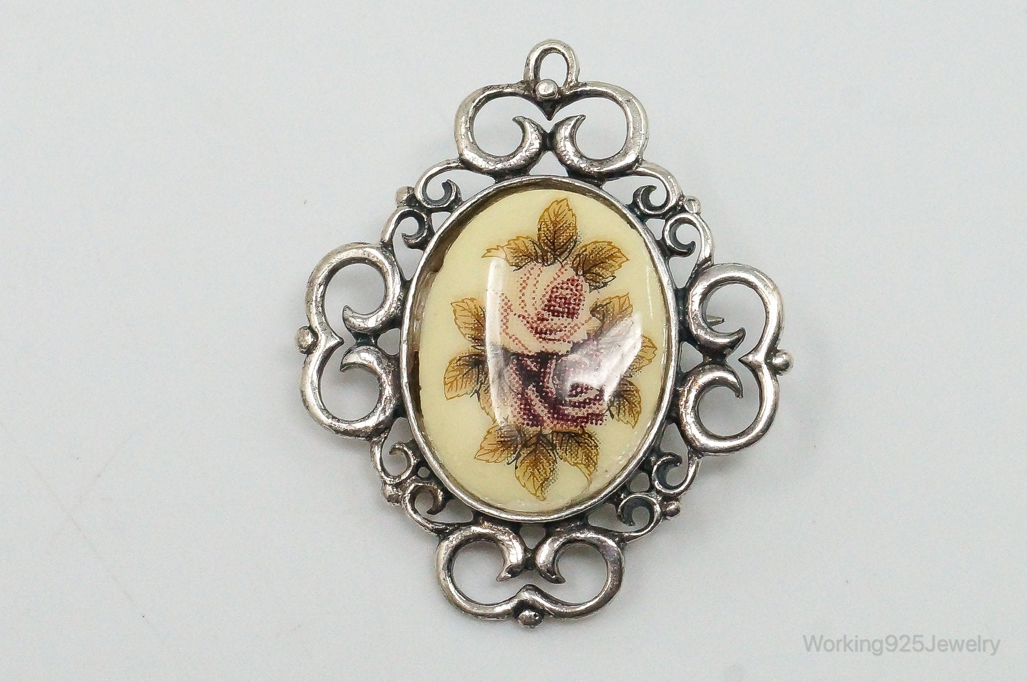 Vintage Designer Jez Flower Cross Stitch Look Picture Sterling Silver Pin Brooch