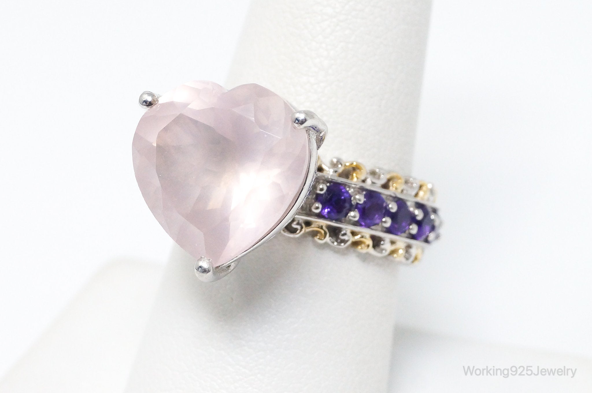 Pink Chalcedony Amethyst Gold Vermeil Sterling Silver Ring SZ 8.25