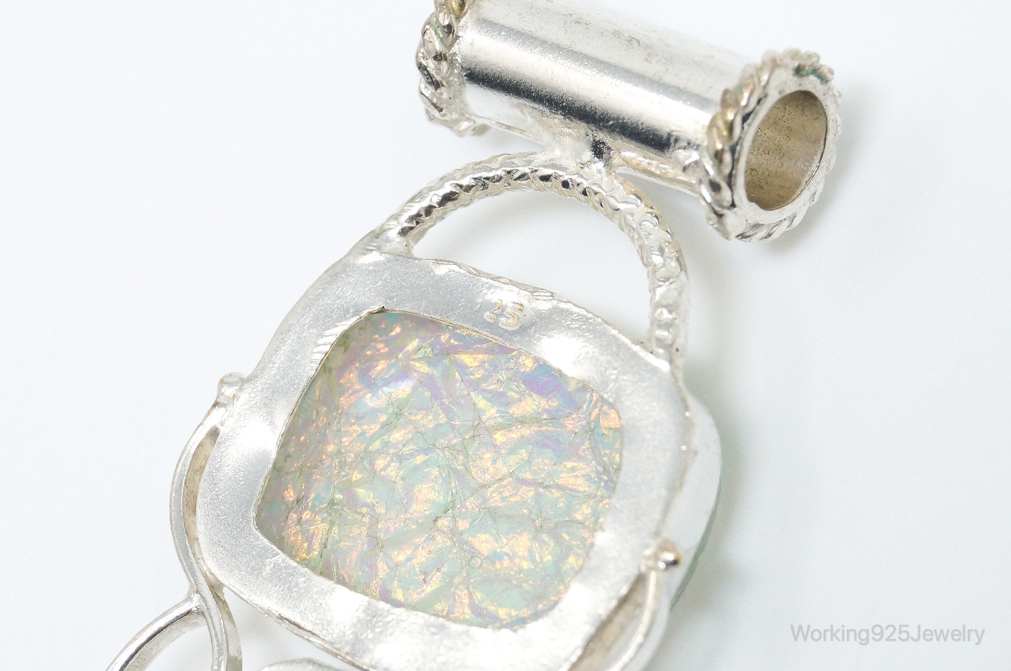 Large Vintage Rainbow Glass Peridot Sterling Silver Pendant