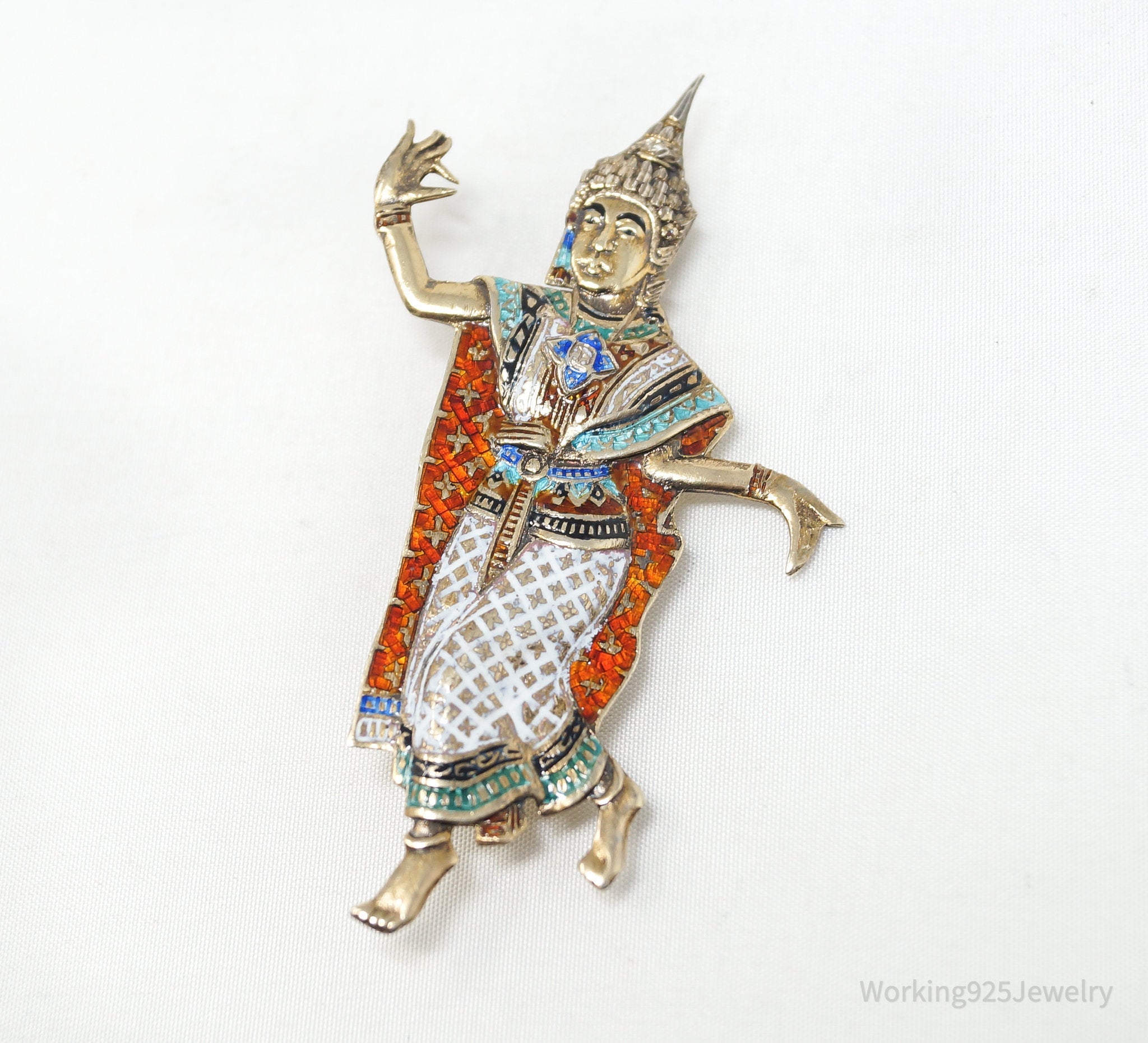 Large Vintage Designer SIAM NIELLO Dancer Enamel Sterling Silver Brooch Pin