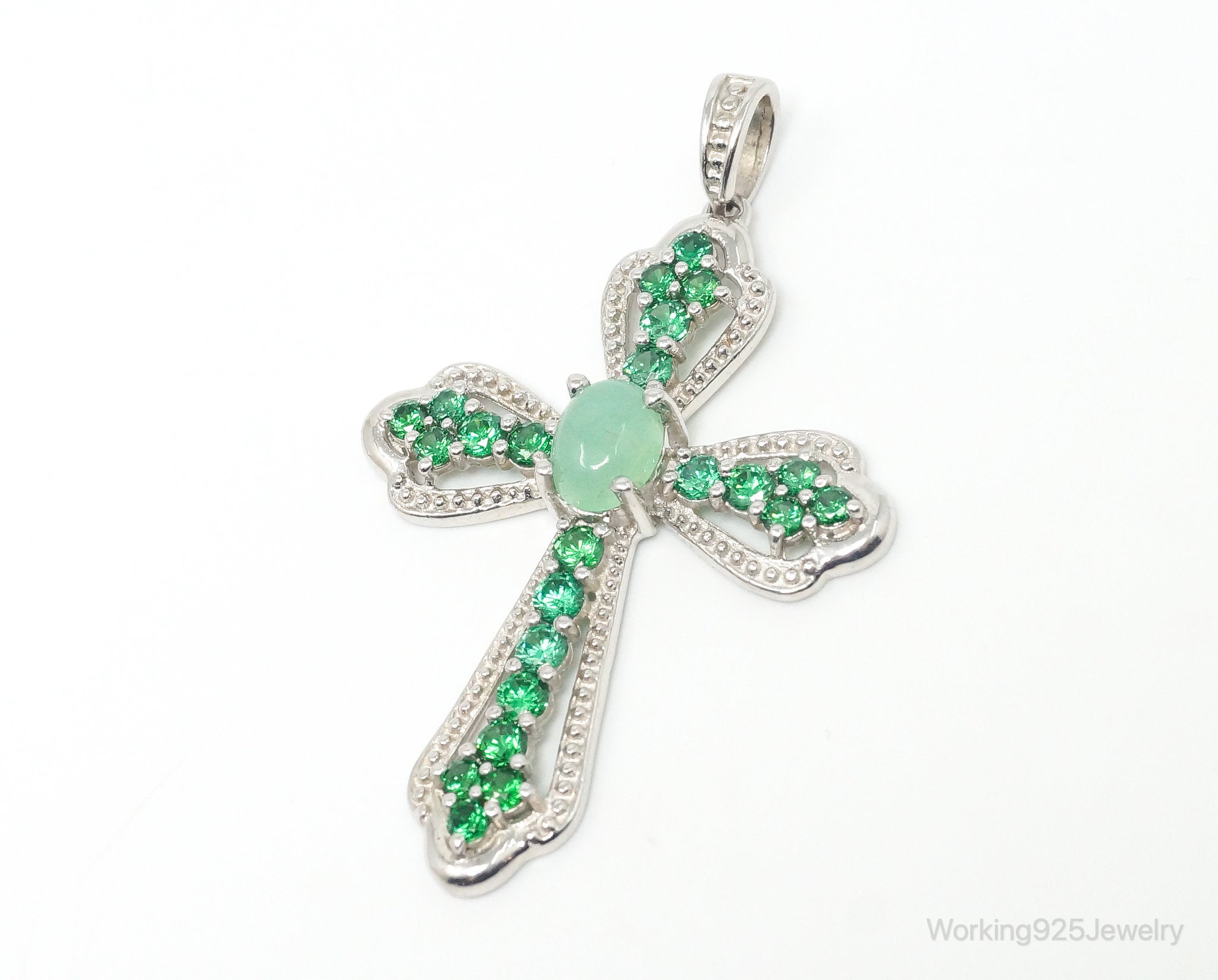 Vintage Green Chalcedony Green Cubic Zirconia Cross Sterling Silver Pendant