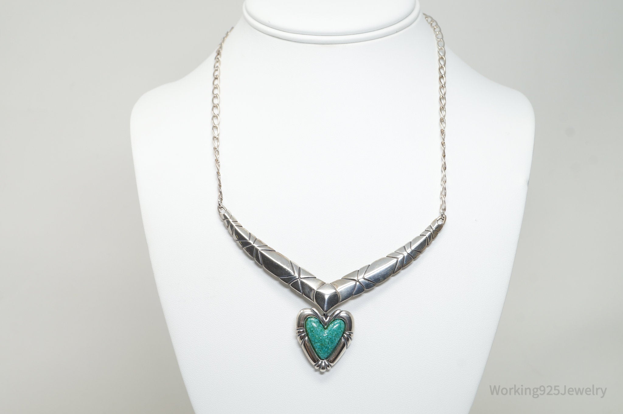 Vintage Designer Carolyn Pollack Turquoise Heart Sterling Silver Necklace