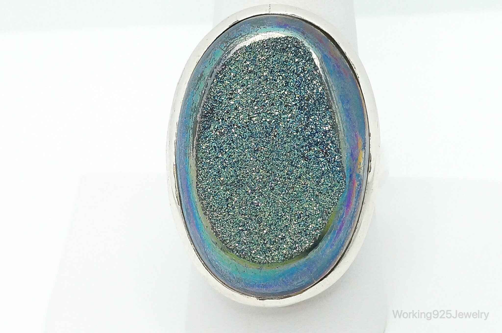 Large Rainbow Druzy Quartz Sterling Silver Ring - Size 9 Adjustable