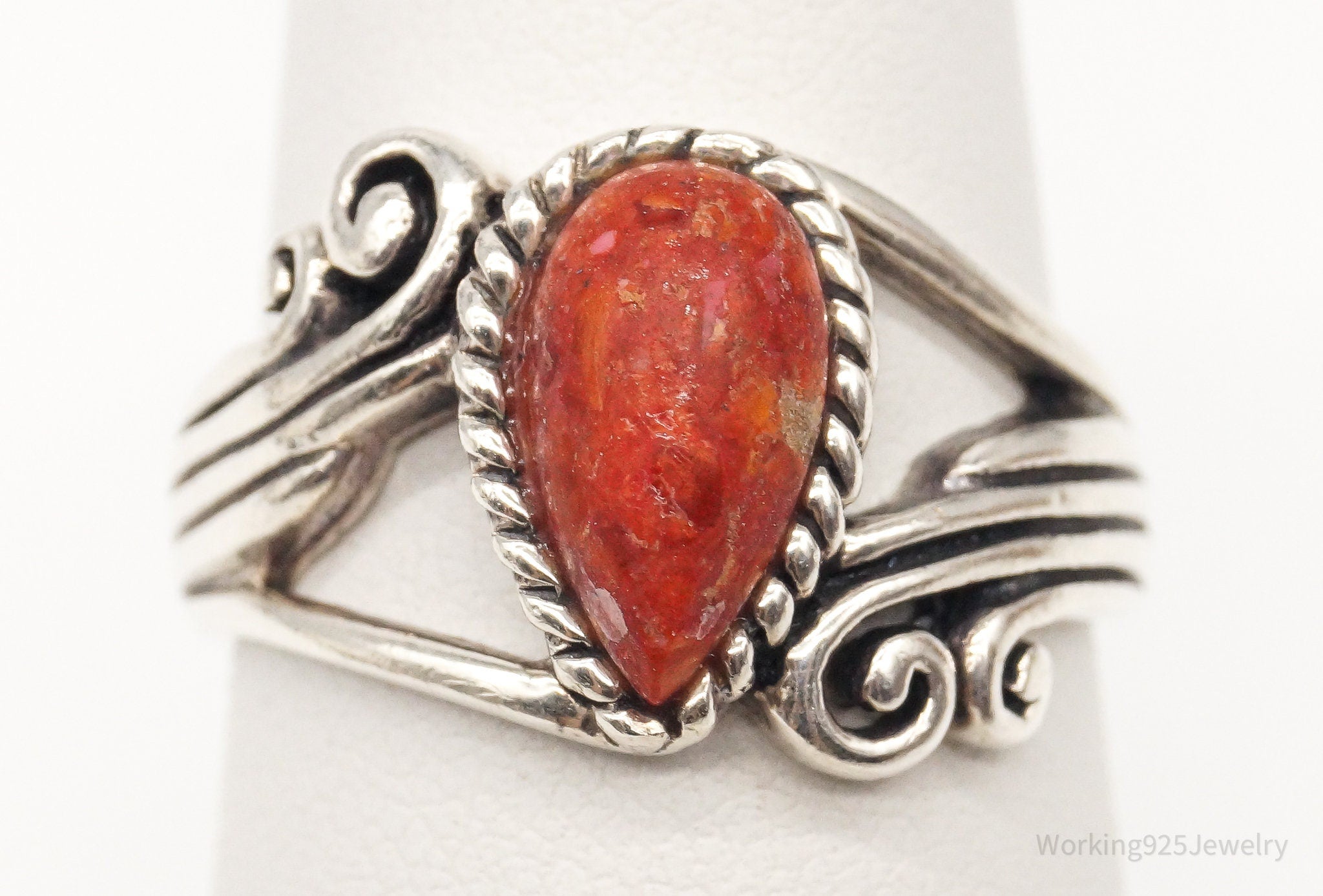 Designer BBJ Red Coral Sterling Silver Ring - Size 6.75