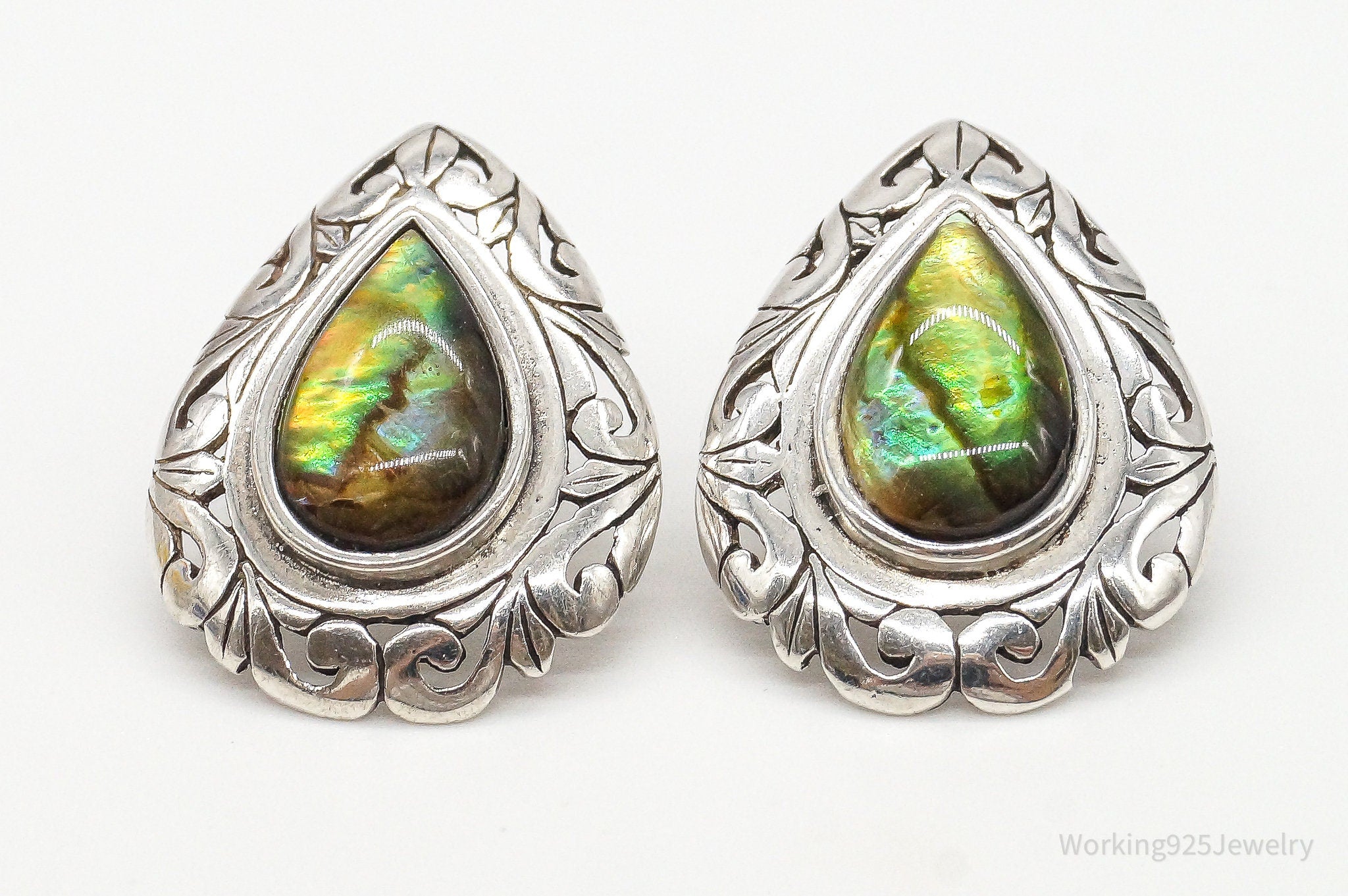 Large Vintage Abalone Paua Shell Sterling Silver Earrings