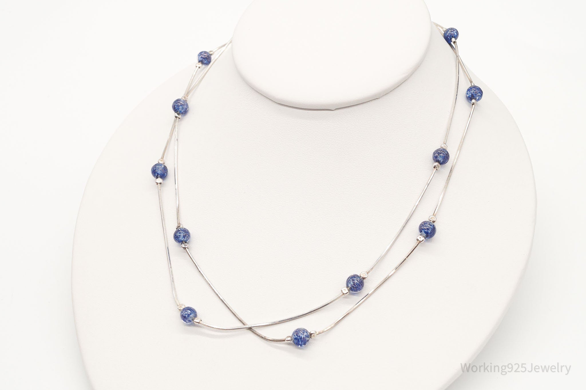 Vintage Italian Blue Glass Beads Modernist Sterling Silver Necklace