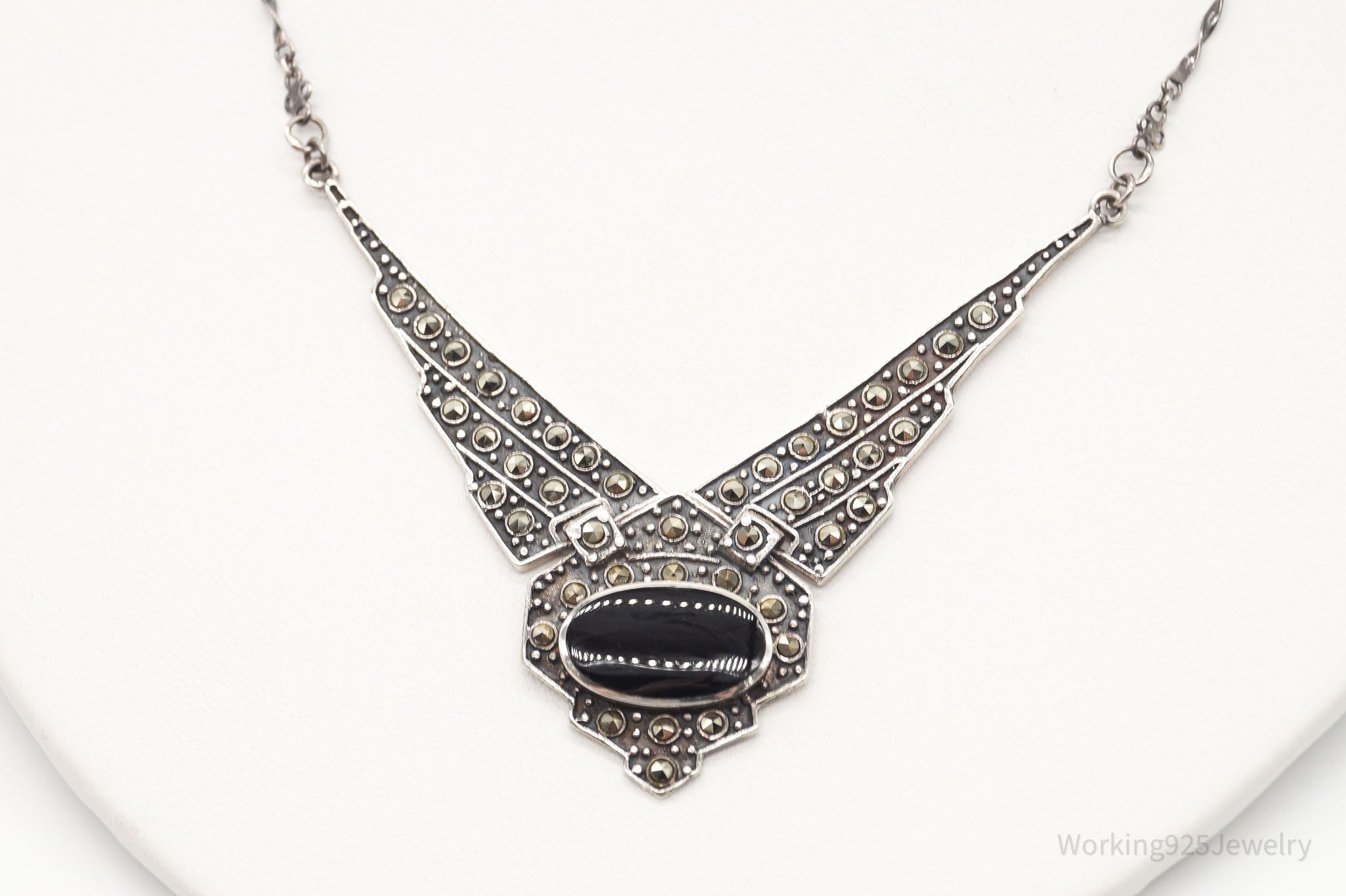 Vintage Designer Boma Black Onyx Marcasite Sterling Silver Necklace