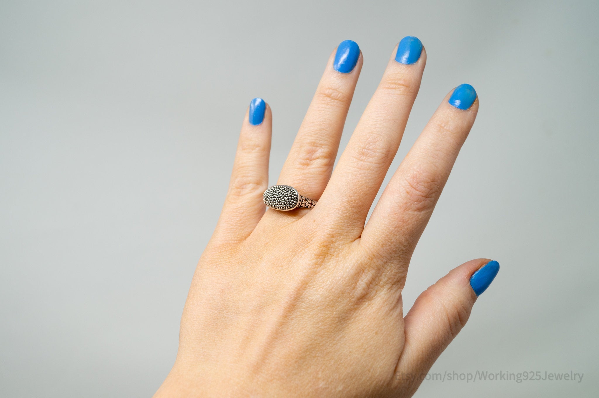 Vintage Granulated Style Sterling Silver Scroll Swirl Ring - Sz 8