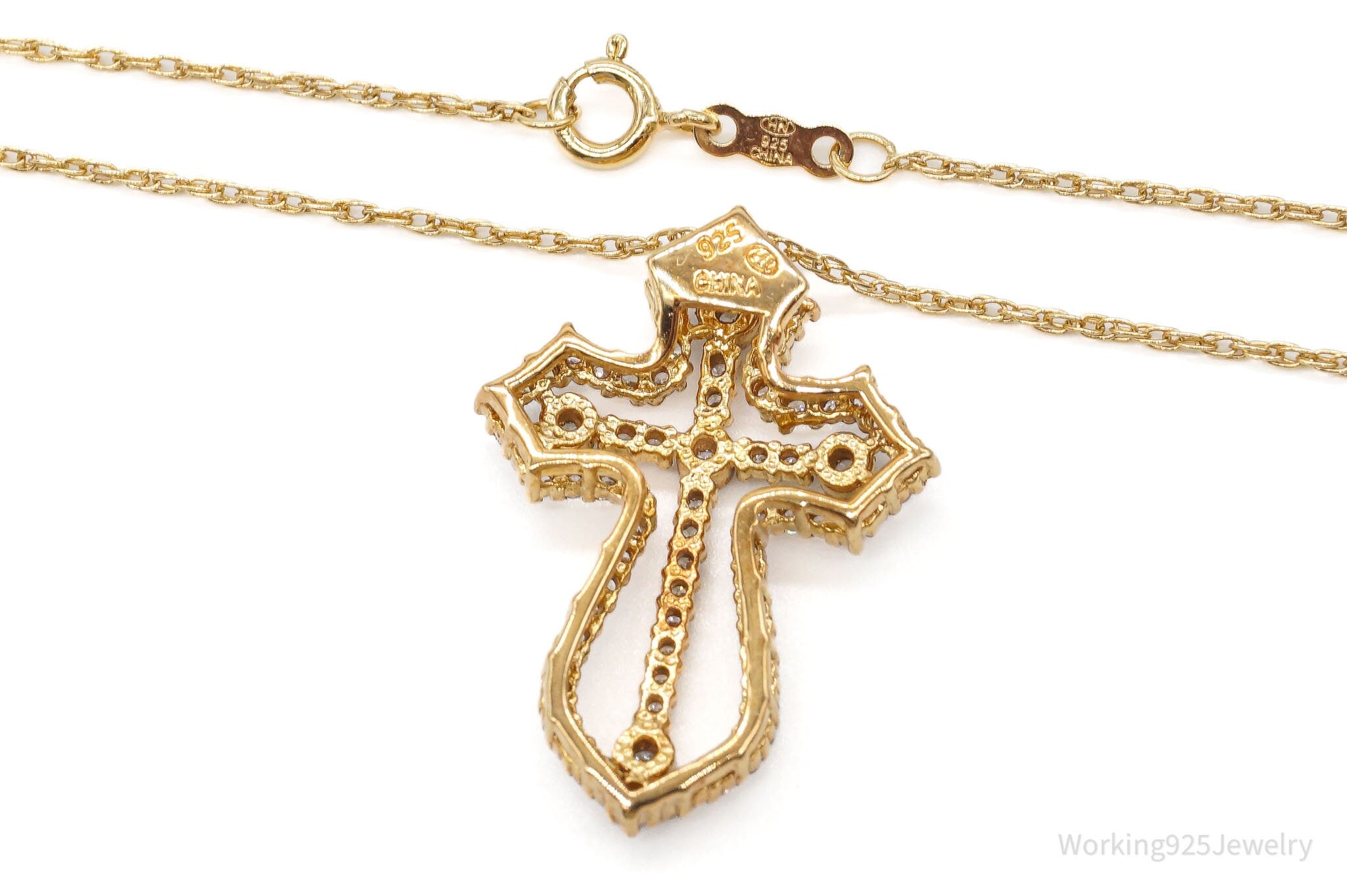 Designer Heng Ngai Cubic Zirconia Gold Vermeil Sterling Silver Cross Necklace