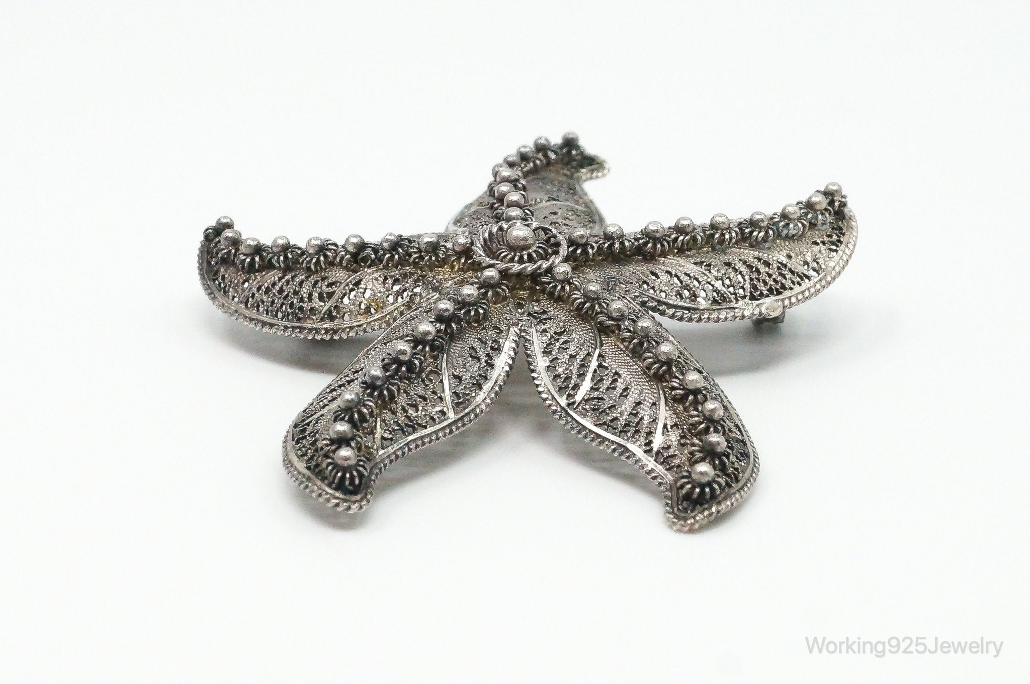 Vintage Designer Topazio Starfish Cannetille Sterling Silver Brooch Pin