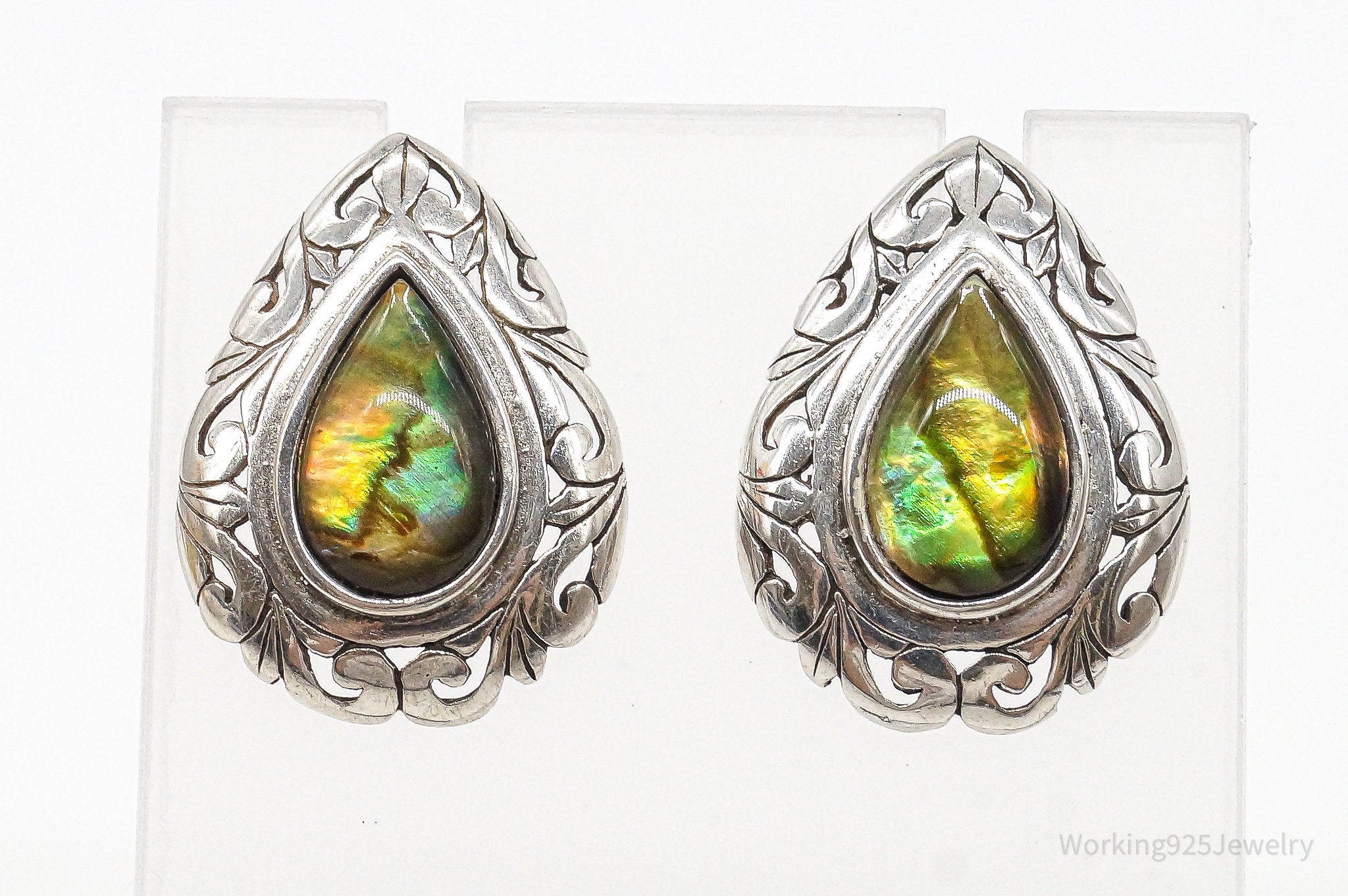 Large Vintage Abalone Paua Shell Sterling Silver Earrings