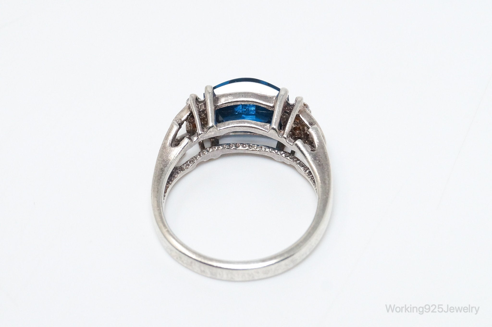 Vintage Art Deco Style Blue Diamonique Cubic Zirconia Sterling Silver Ring SZ 8