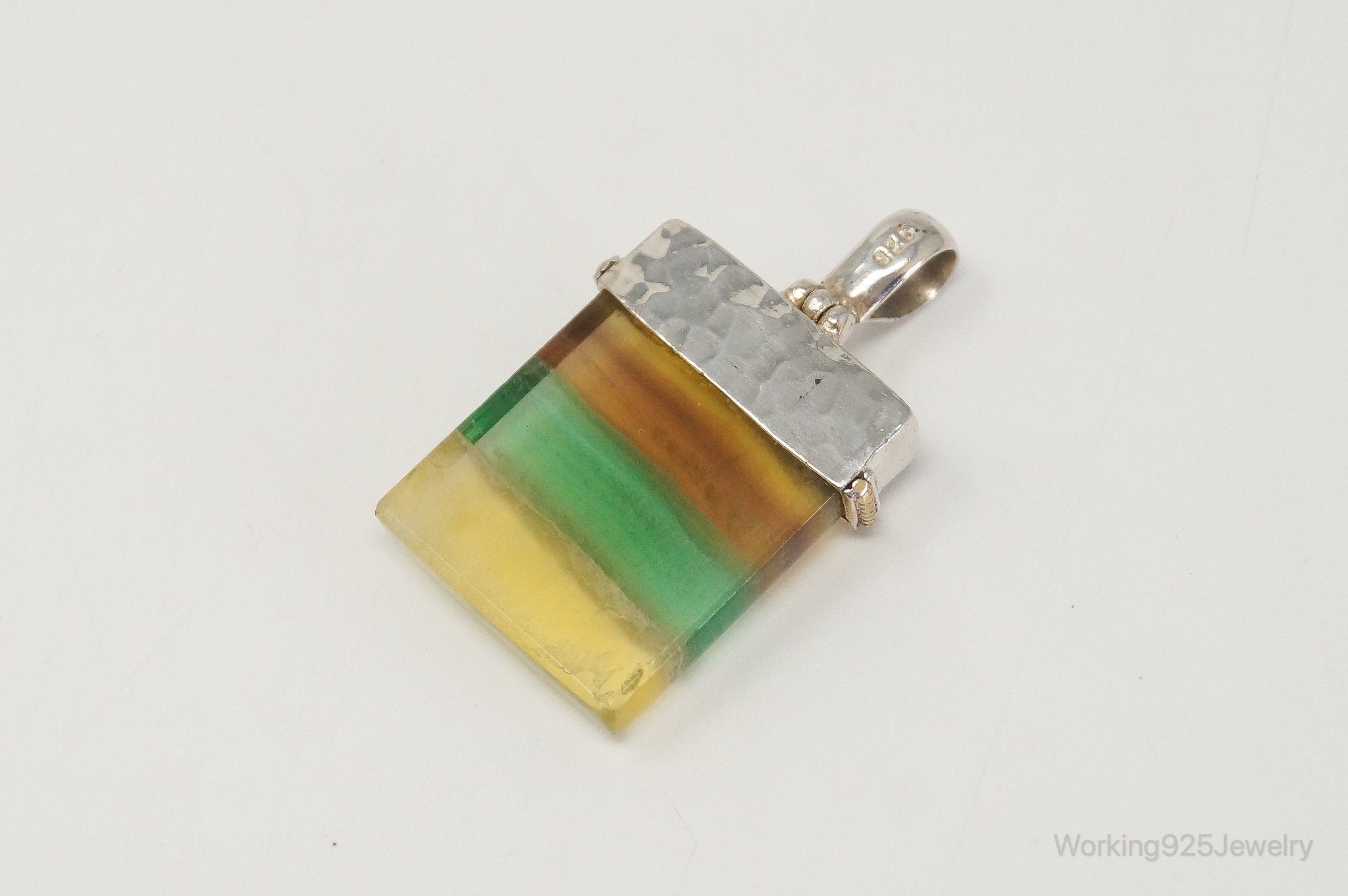 Large Green Yellow Brown Gemstone Gold Vermeil Sterling Silver Pendant