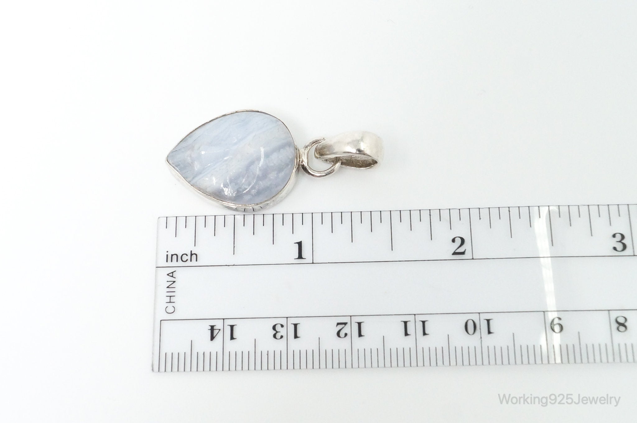 Vintage Blue Lace Agate Moon Face Sterling Silver Pendant