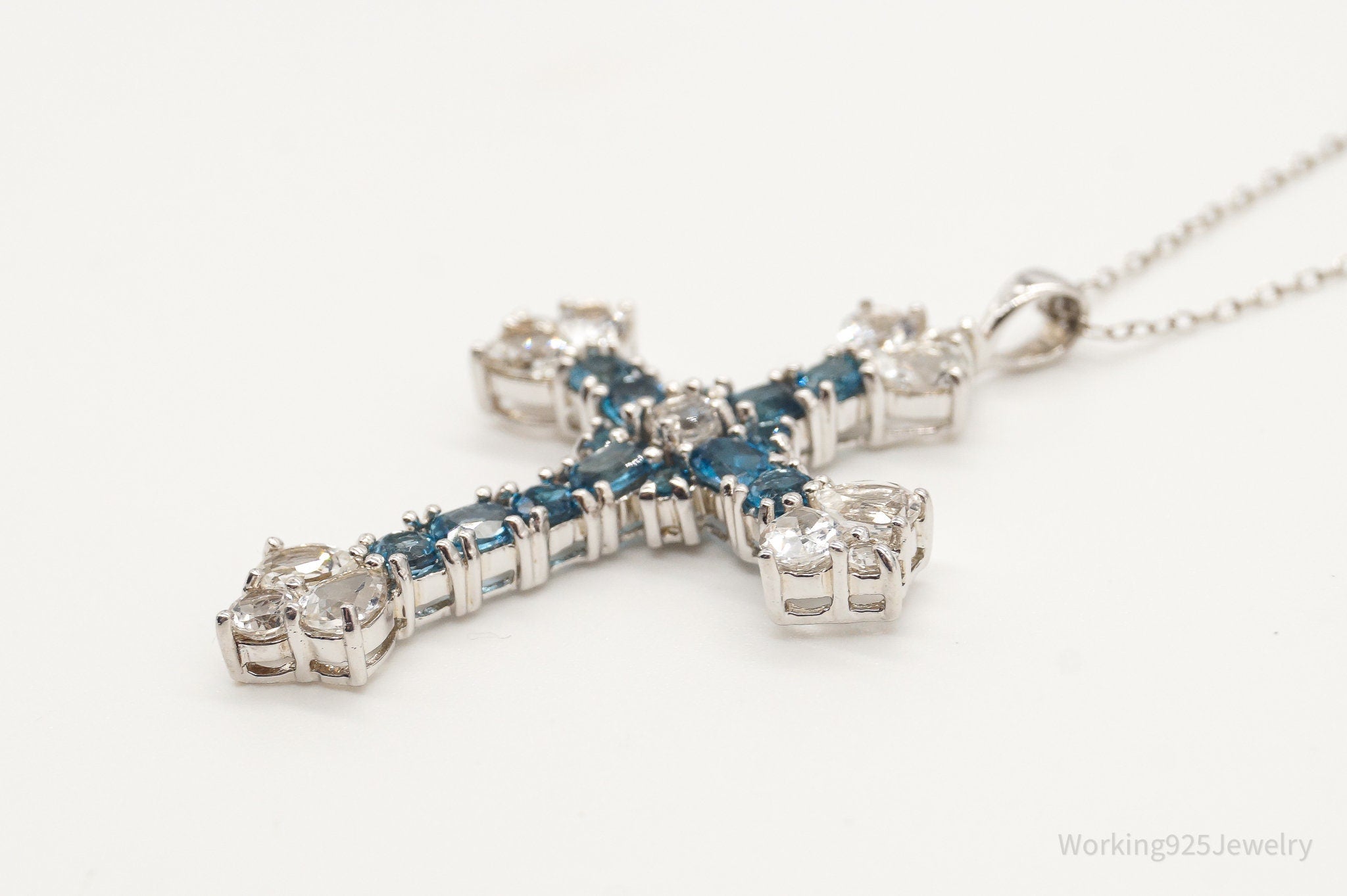 Vintage Blue Topaz Cubic Zirconia Cross Sterling Silver Necklace