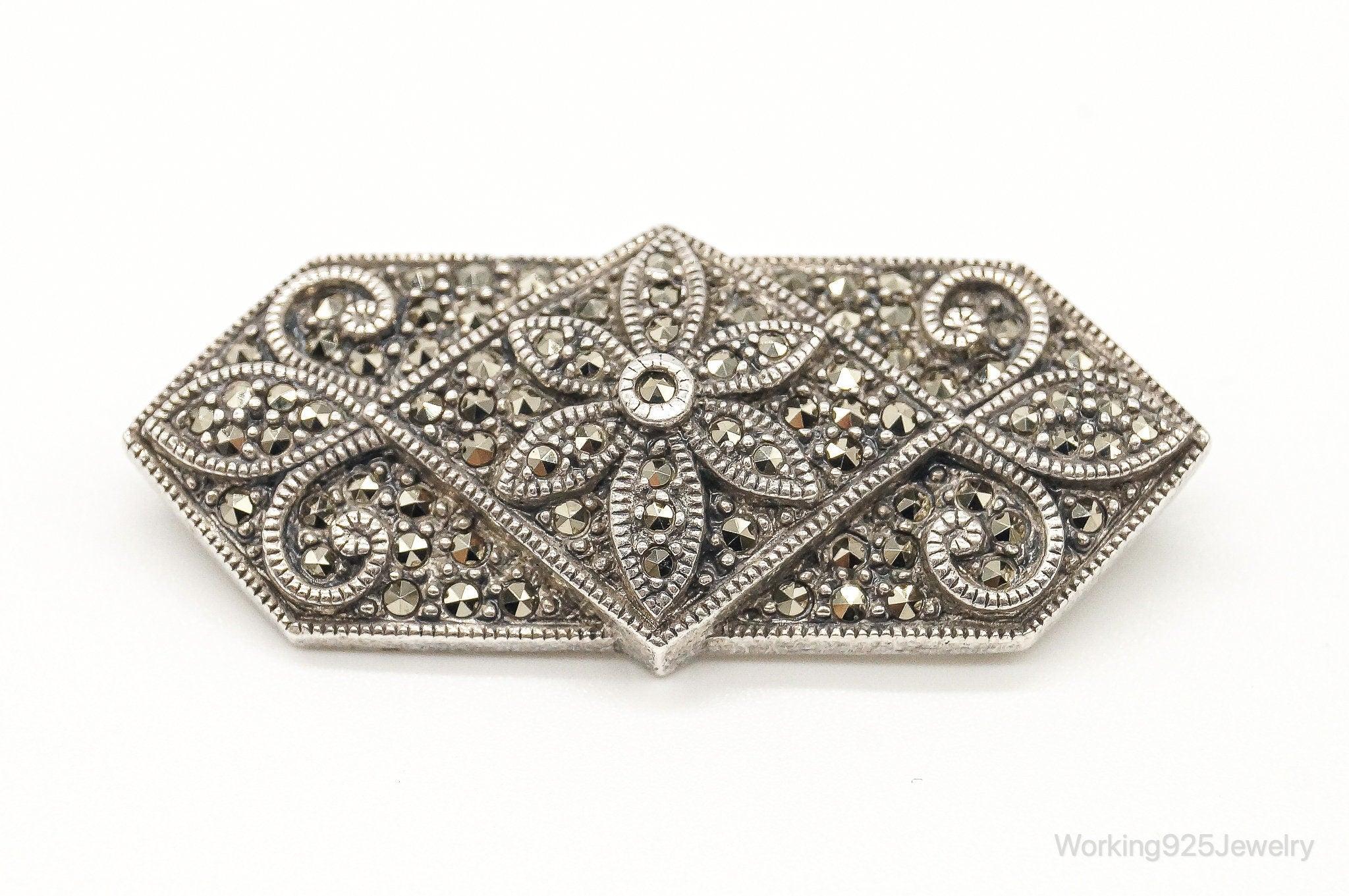 Long Vintage Judith Jack Marcasite Art Deco Sterling Silver Brooch Pin