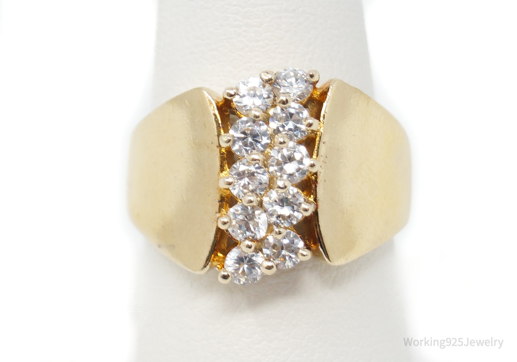 Vintage Art Deco CZ Gold Vermeil Sterling Silver Statement Ring - Sz 8.75