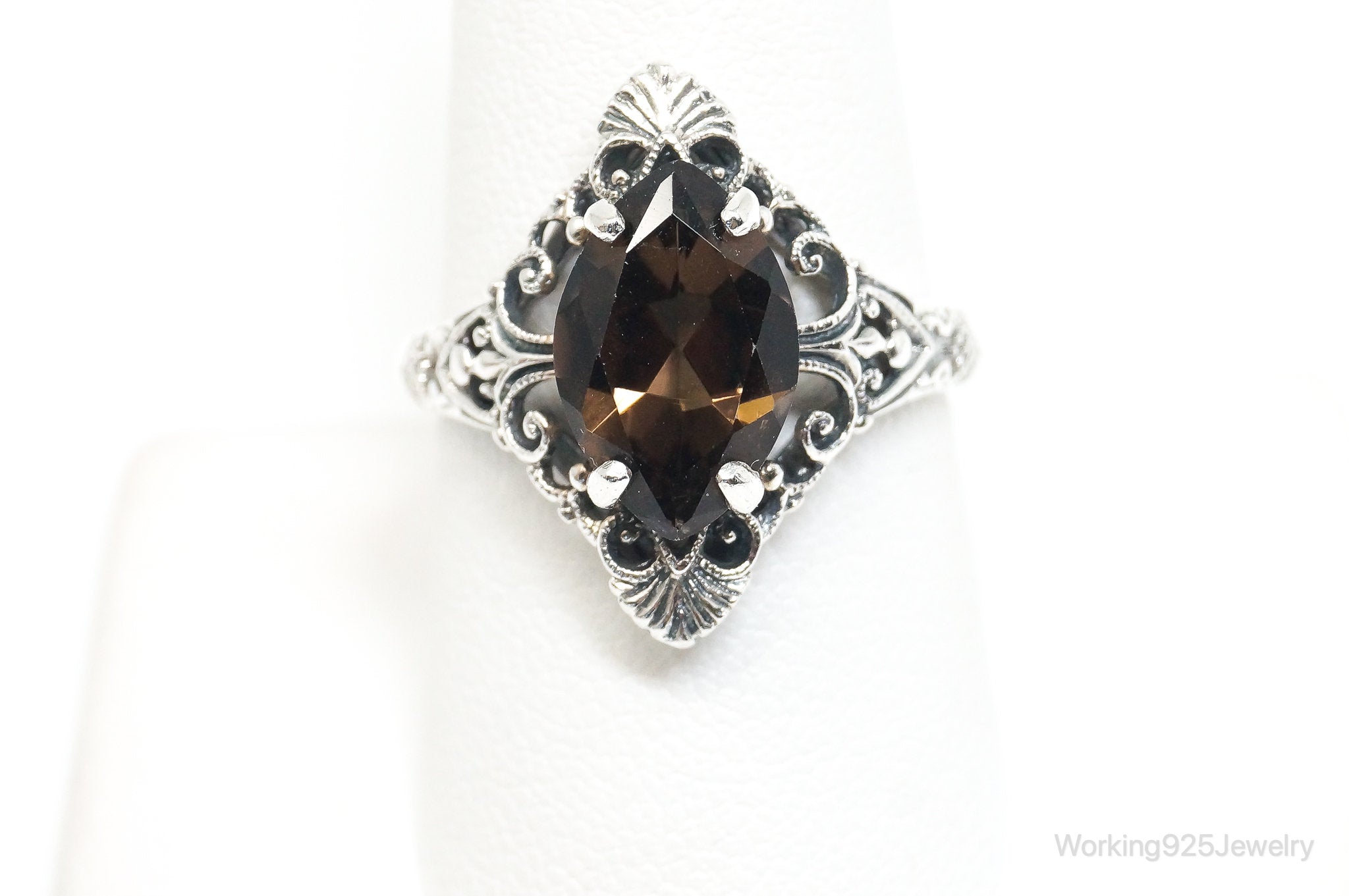 Vintage Designer CNA Smoky Topaz Scroll Sterling Silver Ring - SZ 9