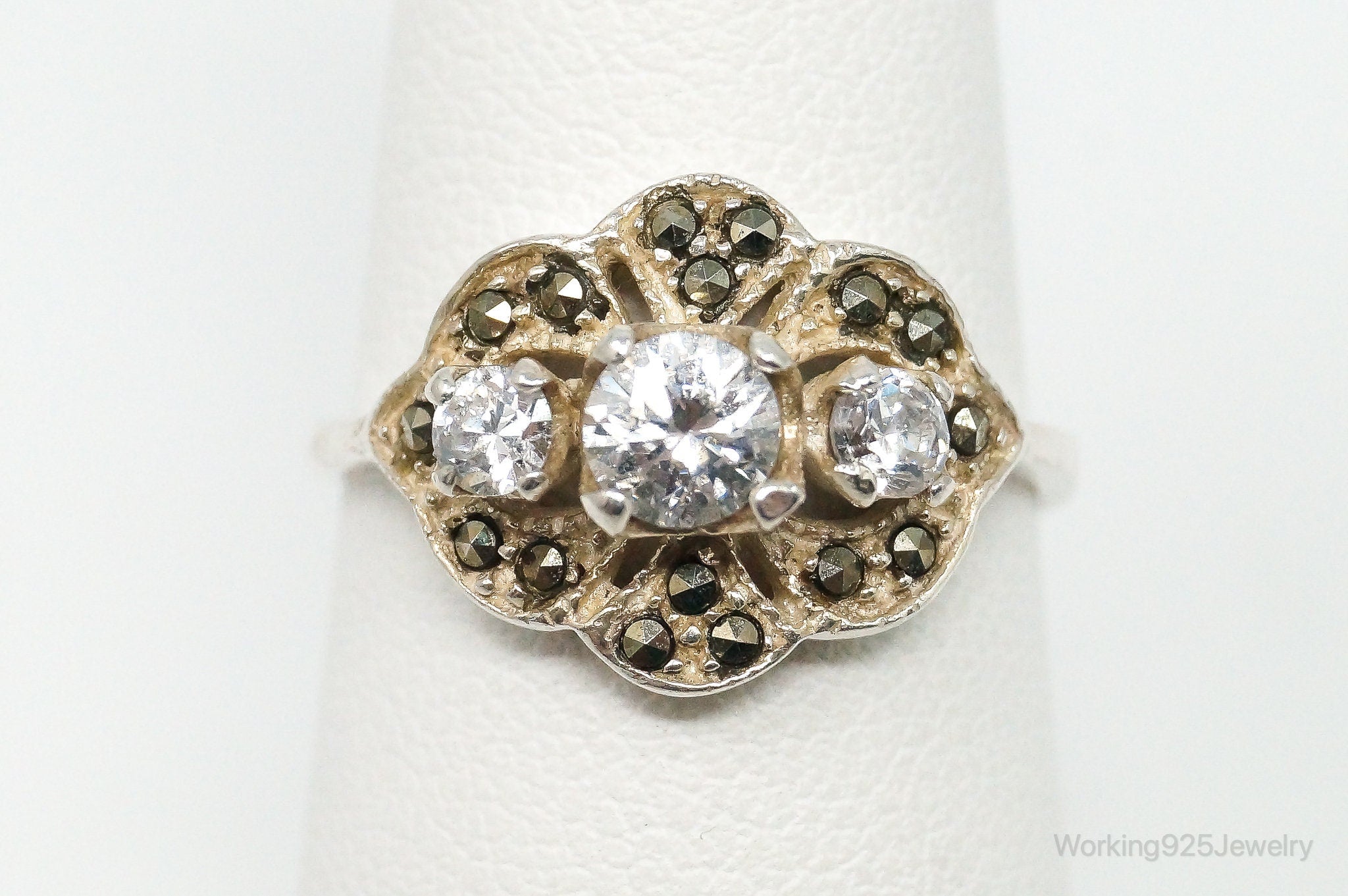 Vintage Cubic Zirconia Marcasite Sterling Silver Ring - Size 7