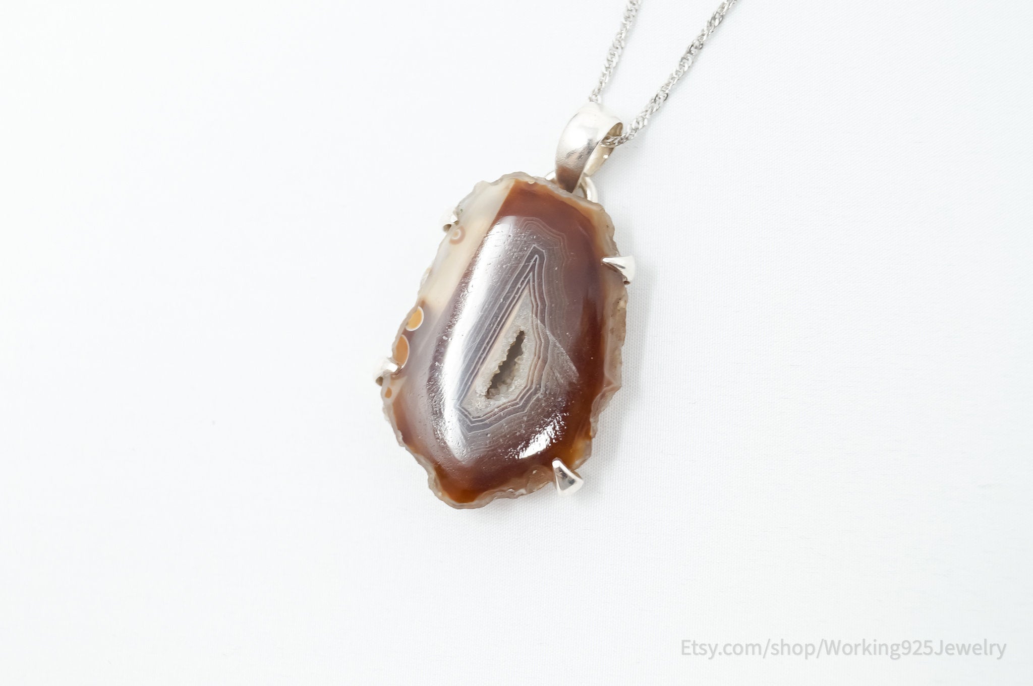 Vintage Large Brown Crazy Lace Agate Sterling Silver Necklace