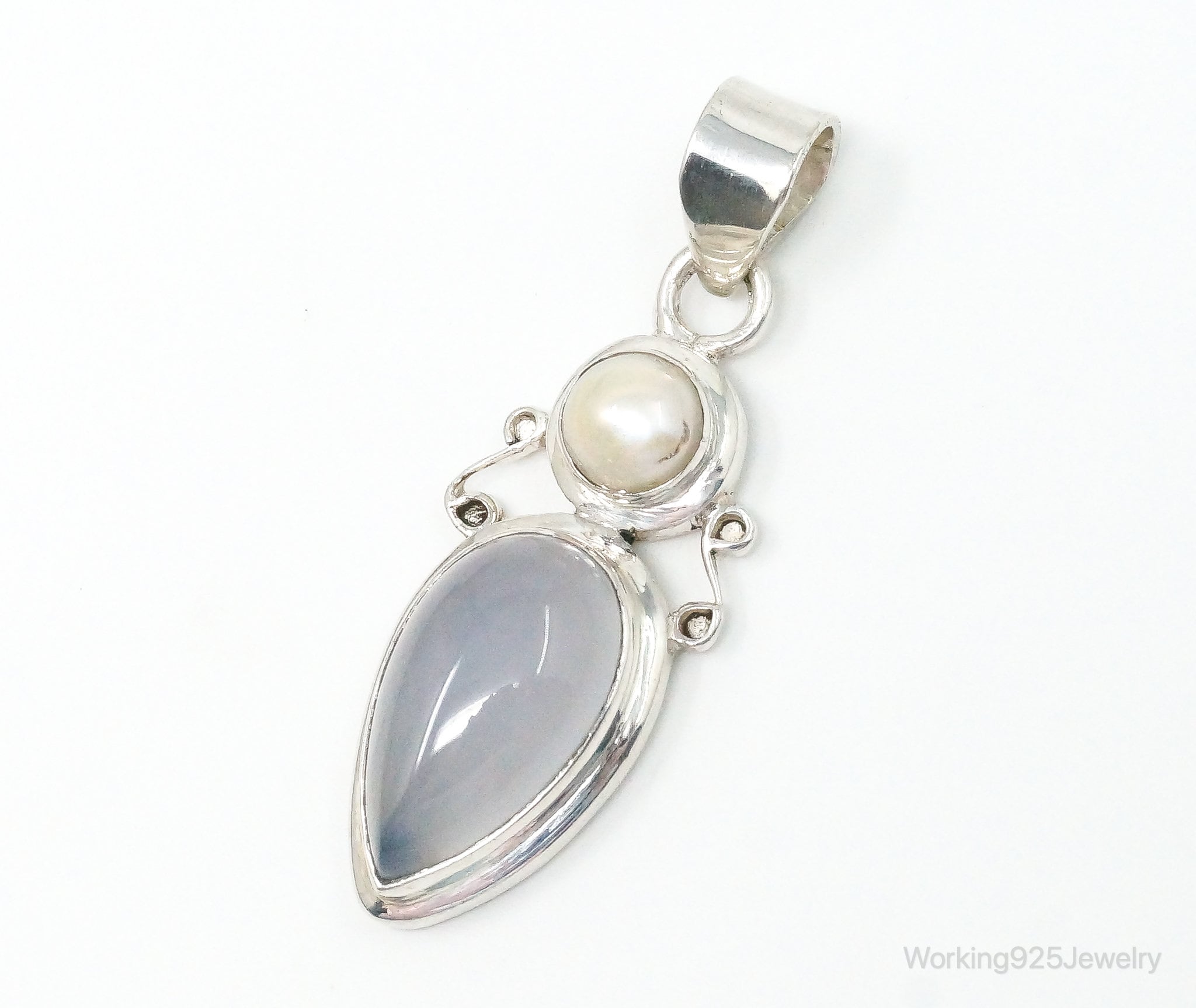 Large Designer Supreme Jewelers Blue Chalcedony Pearl Sterling Necklace Pendant