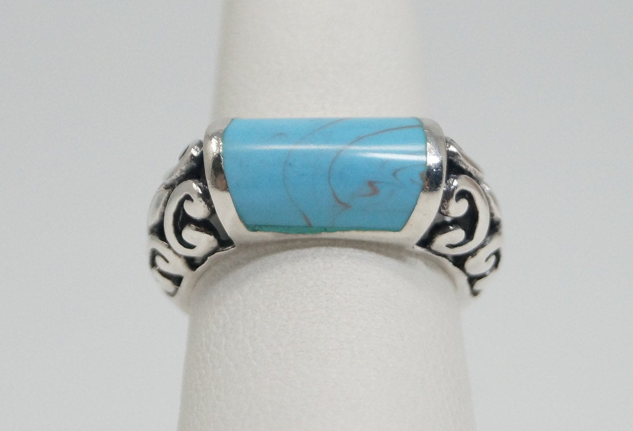 Vintage Designer FAS Faux Turquoise Scroll Ring Sterling Silver - Size 6