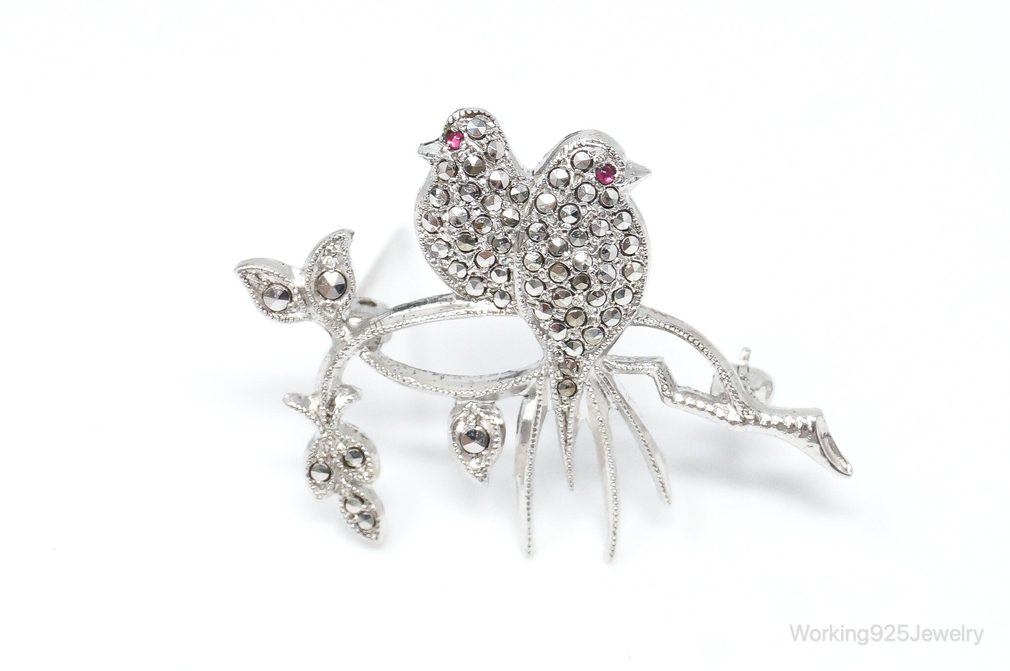 Vintage Birds On Branch Pink Gemstones Hematite Sterling Silver Pin Brooch