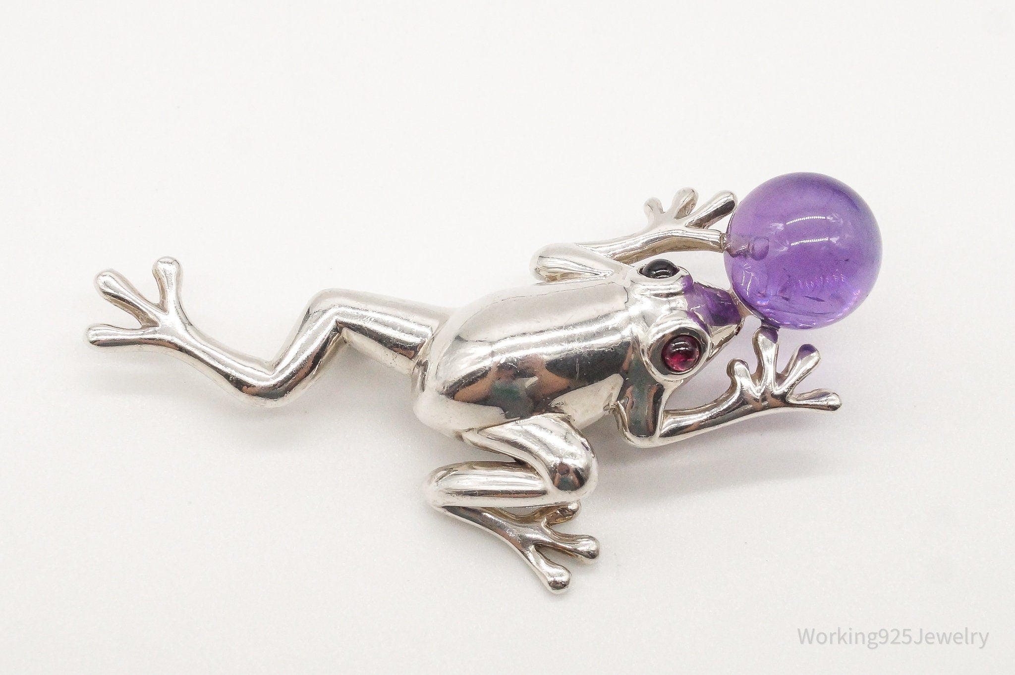 Large Vintage AC Studio Amethyst Garnet Frog Sterling Silver Brooch Pin