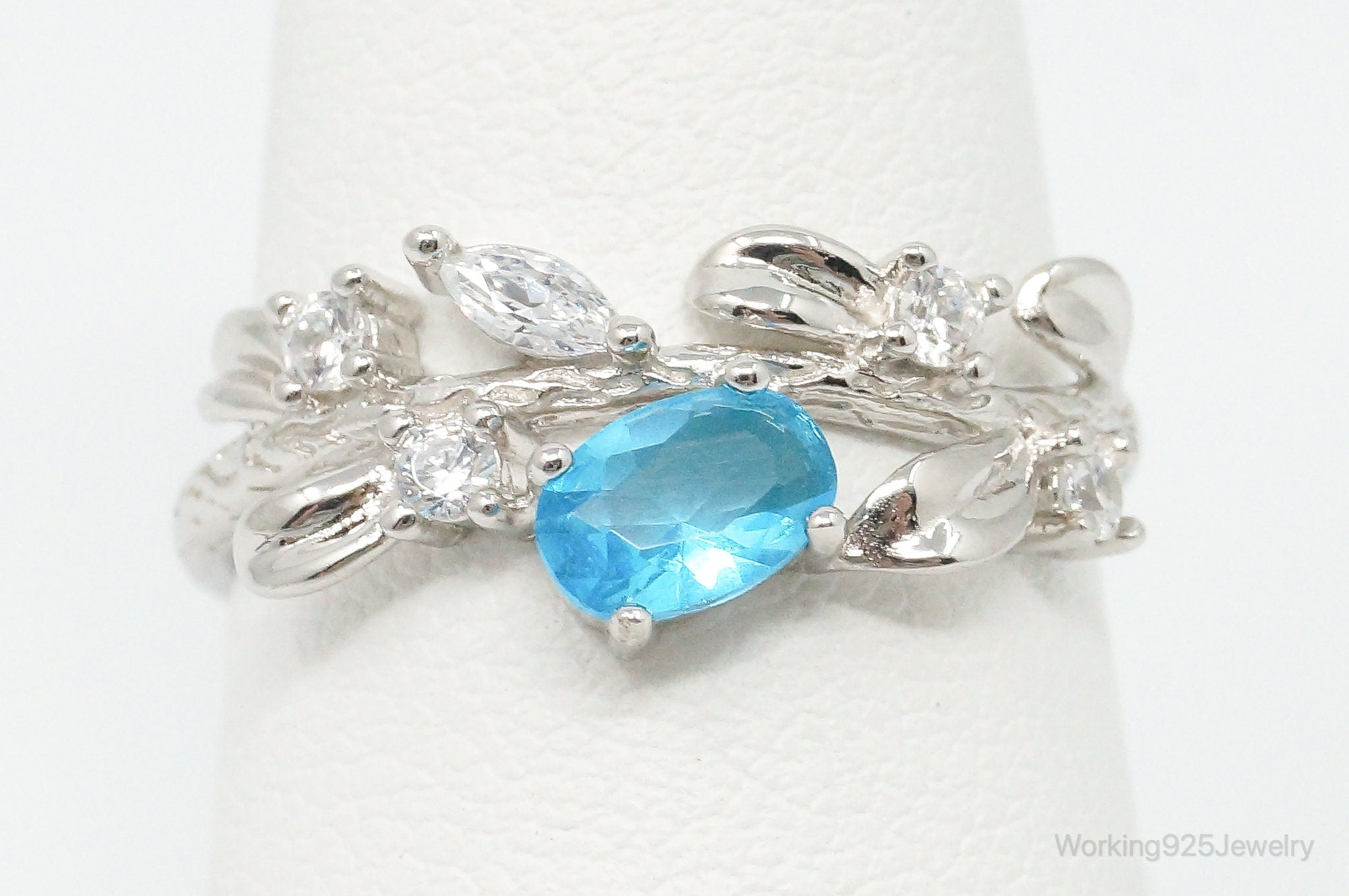 Blue Topaz Cubic Zirconia Branch & Leaves Sterling Silver Ring - Size 7.5 Adj.