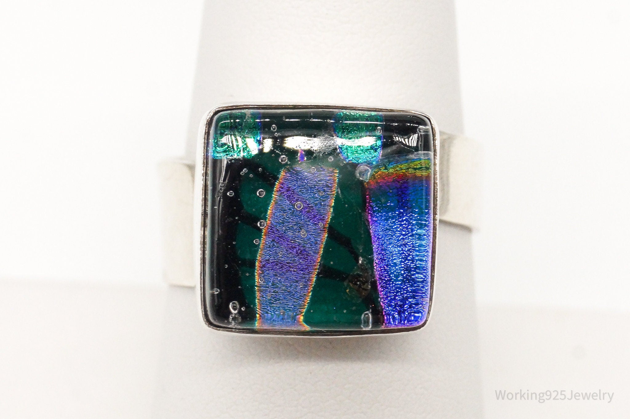 Vintage Dichroic Glass Sterling Silver Ring - Size 8.25 Adjustable