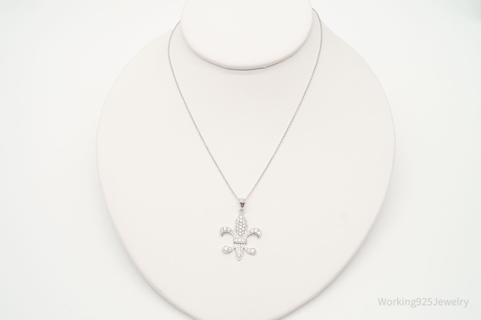 Vintage Designer JCM Fleur De Lis Cubic Zirconia Sterling Silver Necklace