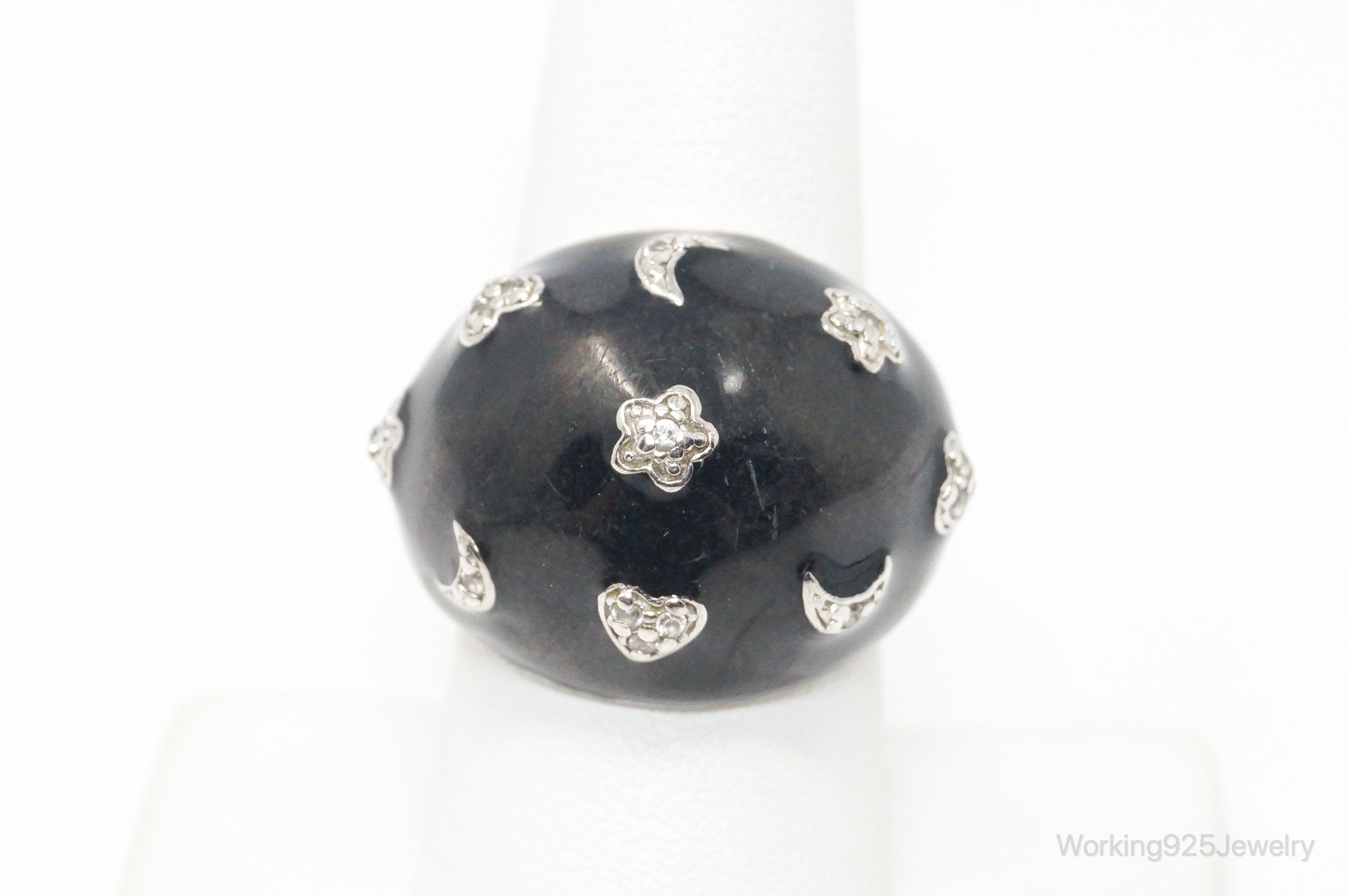 Vintage Designer CSF Black CZ Stars Moons Hearts Sterling Silver Ring - Size 8