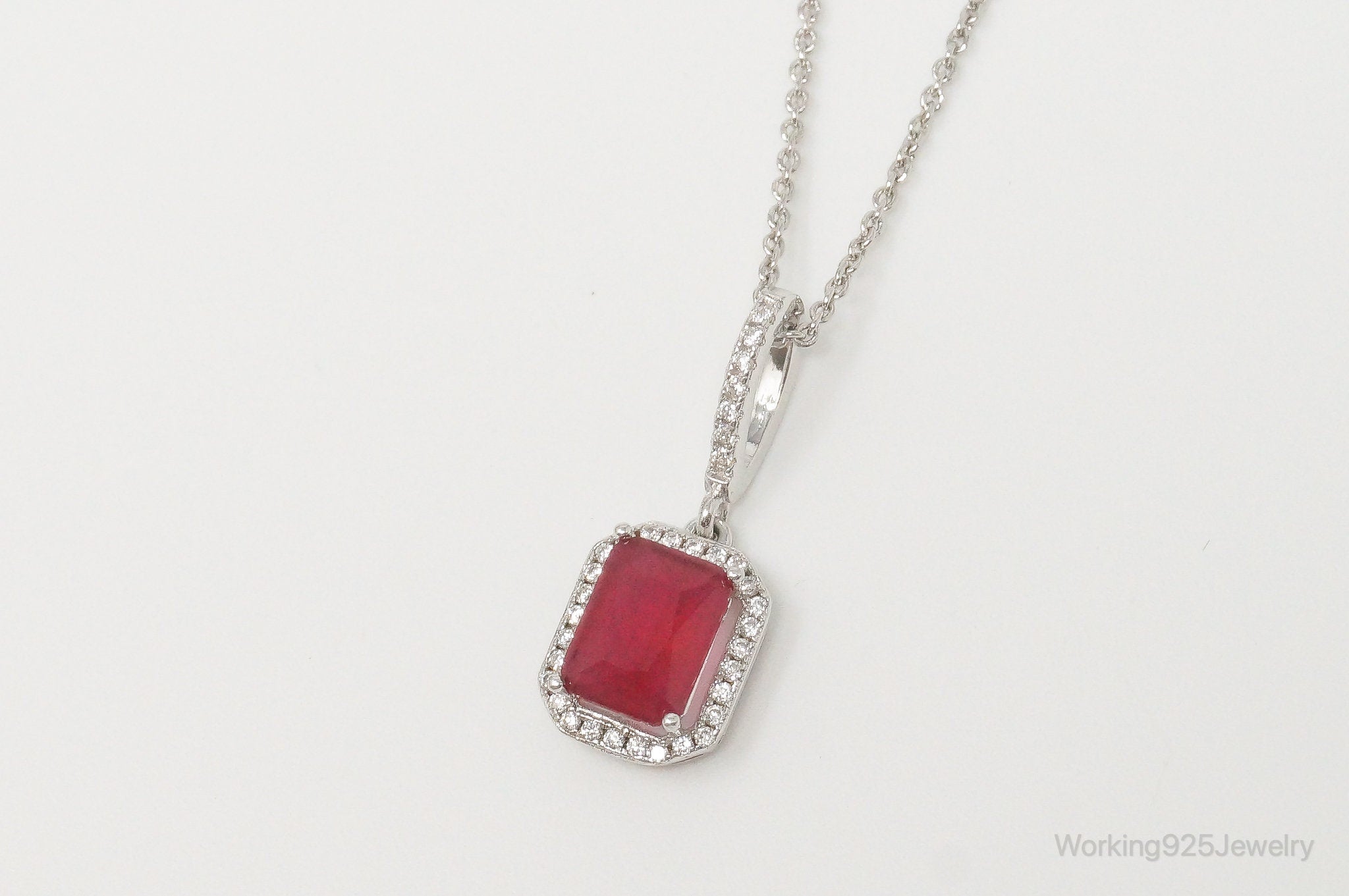 Vintage Art Deco Ruby Cubic Zirconia Sterling Silver Necklace