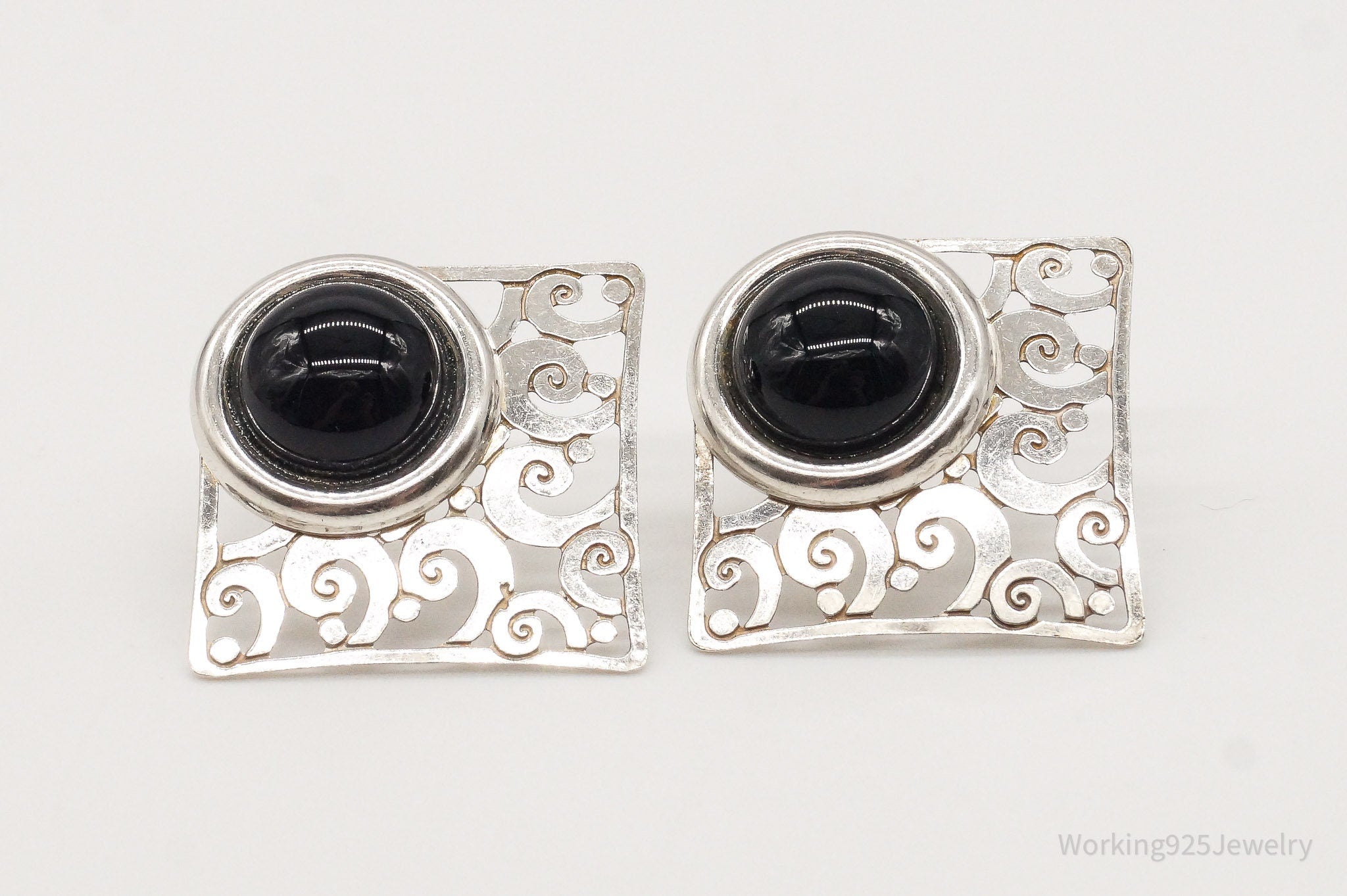 Vintage Black Onyx Filigree Sterling Silver Earrings